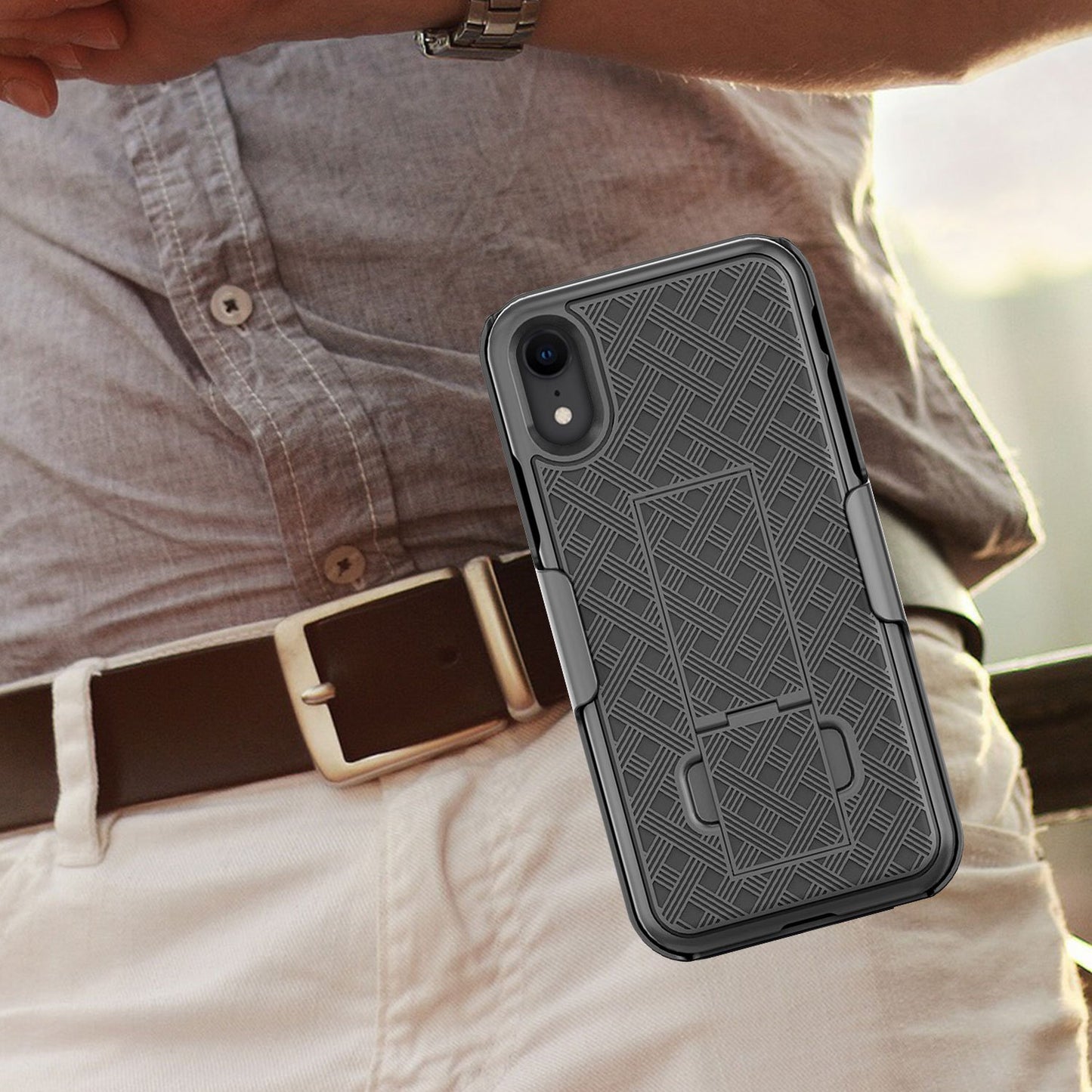 HLIPHXR-  iPhone XR Belt Clip Holster & Shell Case with Kickstand Heavy Duty Protection