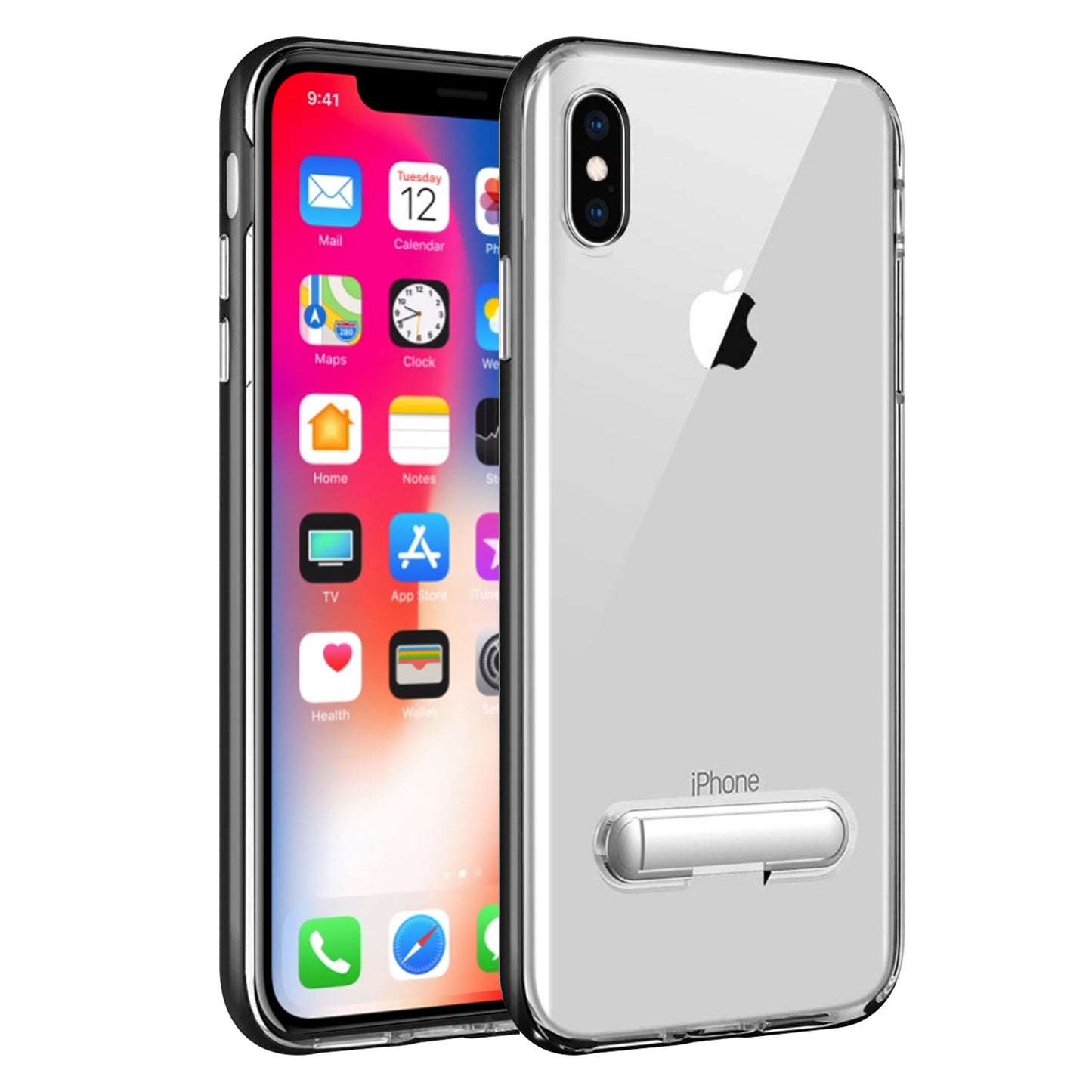 iPhone X, Slim Transparent Case with TPU Frame and Built-In Kickstand for Apple iPhone X by Cellet – Black/Clear