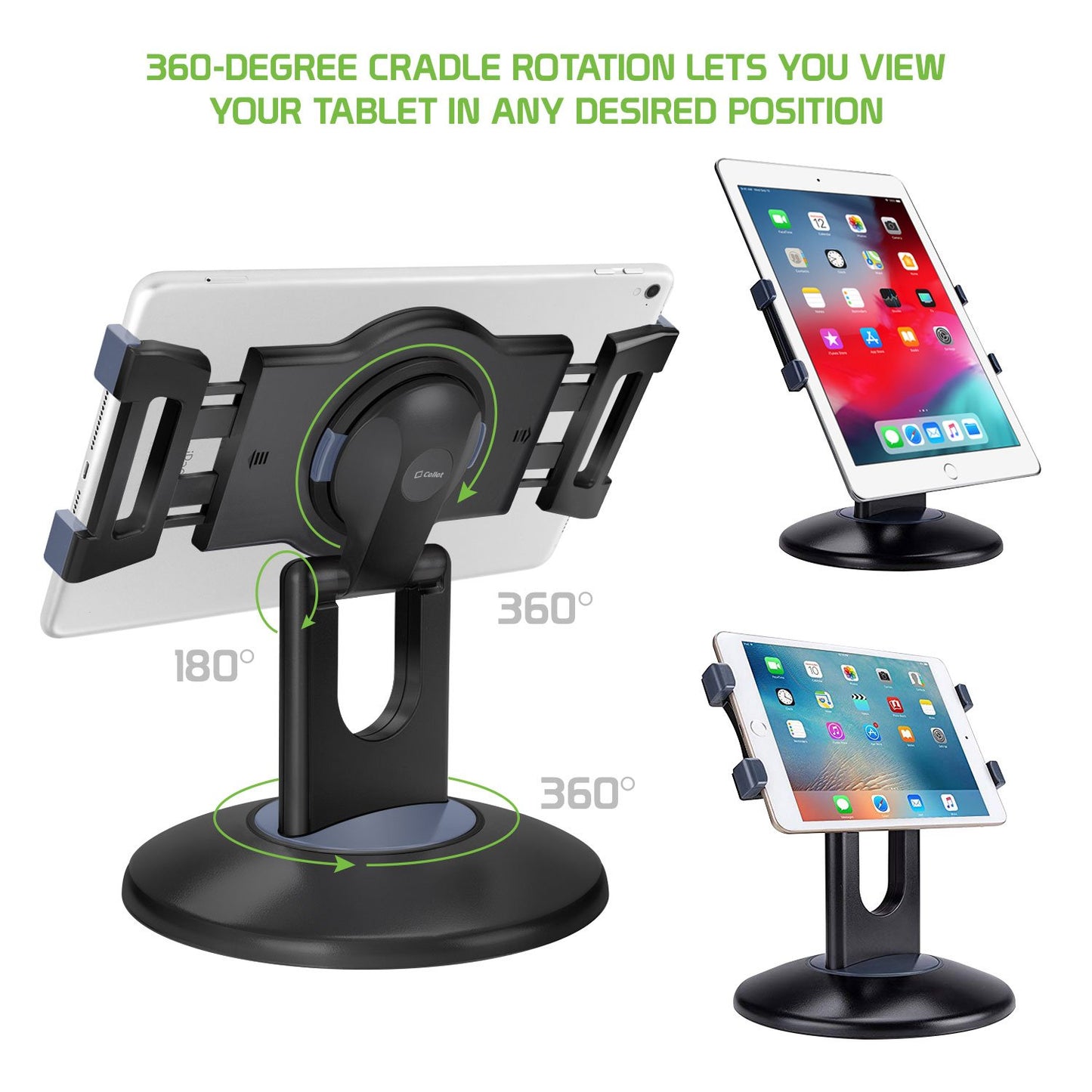 PHTAB5003 - 3-in-1 Tablet Holder Combo, Heavy Duty Desktop, Portable Stand and Headrest Holder with 360 Degree Rotation for iPads and Tablets