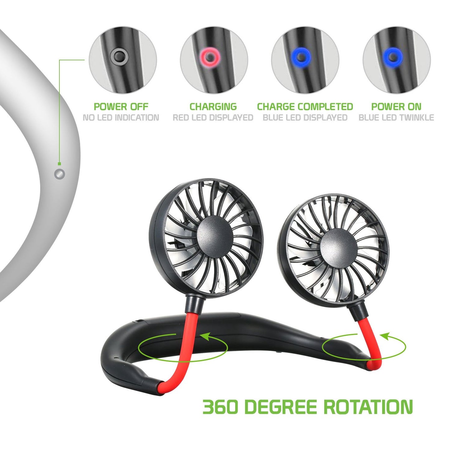 Portable Hands-free USB Rechargeable Neck Fan with 3 Speed Control and 360 Degree Rotation for Camping and Other Outdoor/Indoor Activities