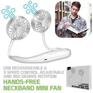 Portable Hands-free USB Rechargeable Neck Fan with 3 Speed Control and 360 Degree Rotation for Camping and Other Outdoor/Indoor Activities