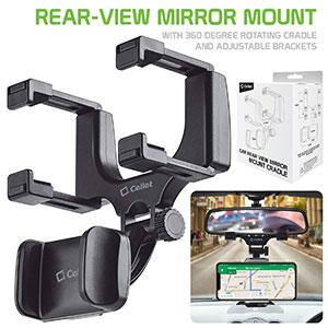 Universal Car Rear-view Mirror Mount with 360 Degree Rotating Cradle and Adjustable Brackets Compatible to iPhones, Androids and more