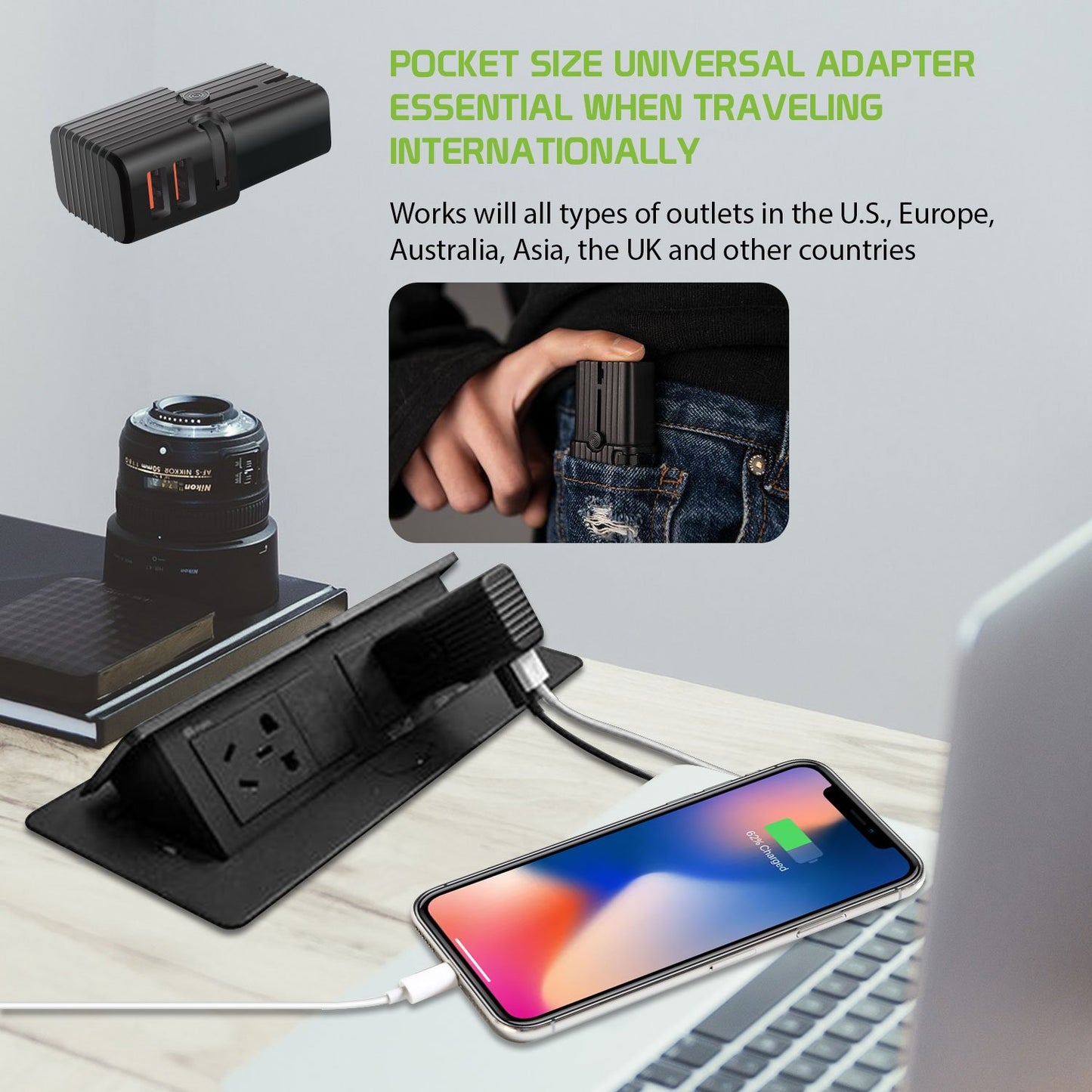 TCU2000 - Universal Pocket Size Power Adapter with Dual USB Ports compatible to iPads, Tablets, Laptops, Power banks, smartphones and other devices