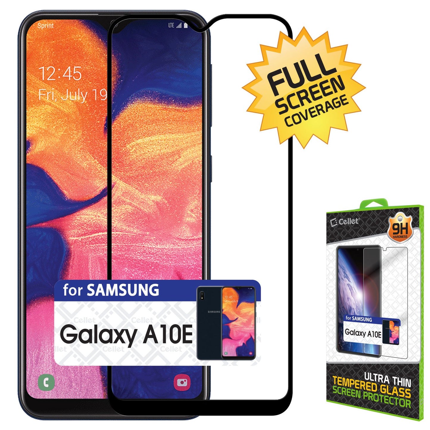 SGSAMA10E - Samsung Galaxy A10E, Premium 3D Full Coverage Tempered Glass Screen Protector for Samsung Galaxy A10E by Cellet