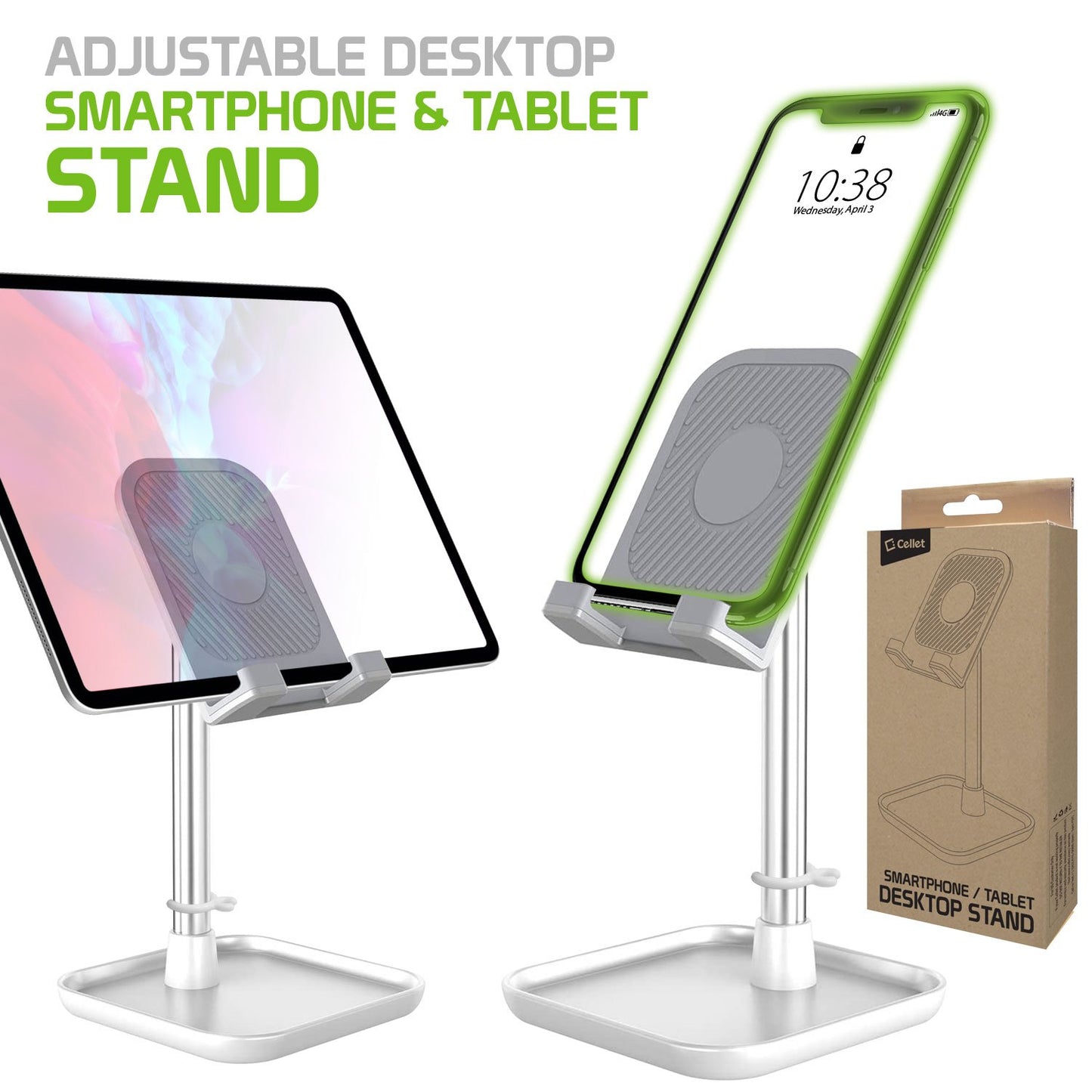 PH150SL -  Adjustable Desktop Smartphone and Tablet Stand with Mini Shelf, Non-Slip Rubberized Grips and Base Compatible to Smartphones, Tablets/iPads
