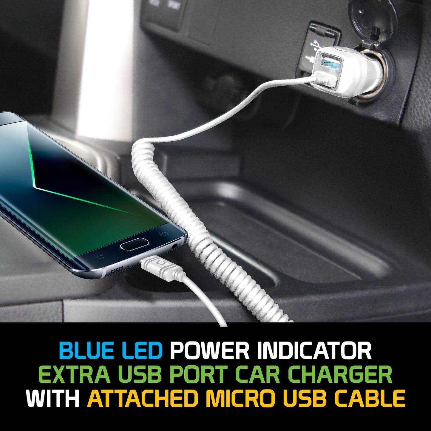 PMICROMSWT - Cellet High Powered 12 Watt (2.4 Amp) Micro USB Car Charger with Extra USB Port and Coiled cable - White