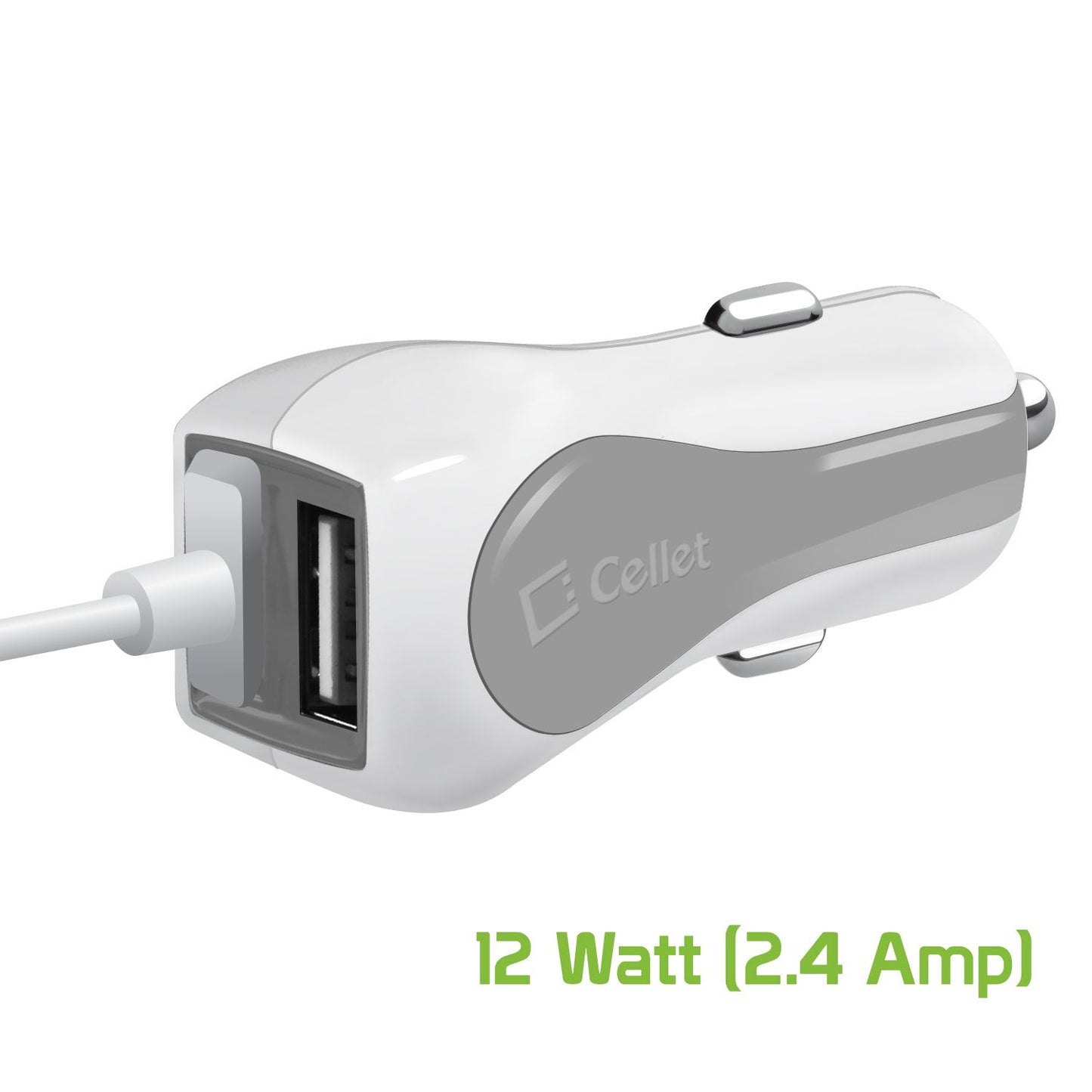 PMICROMSWT - Cellet High Powered 12 Watt (2.4 Amp) Micro USB Car Charger with Extra USB Port and Coiled cable - White