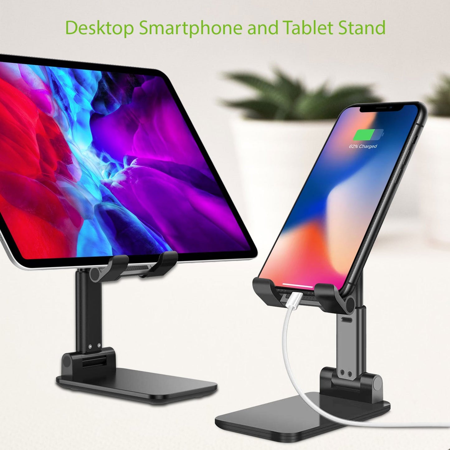 PH60BK -   Adjustable Desktop Smartphone and Tablet Stand with Non-Slip Rubberized Grips and Weighted Base Compatible to Smartphones, Tablets, iPads