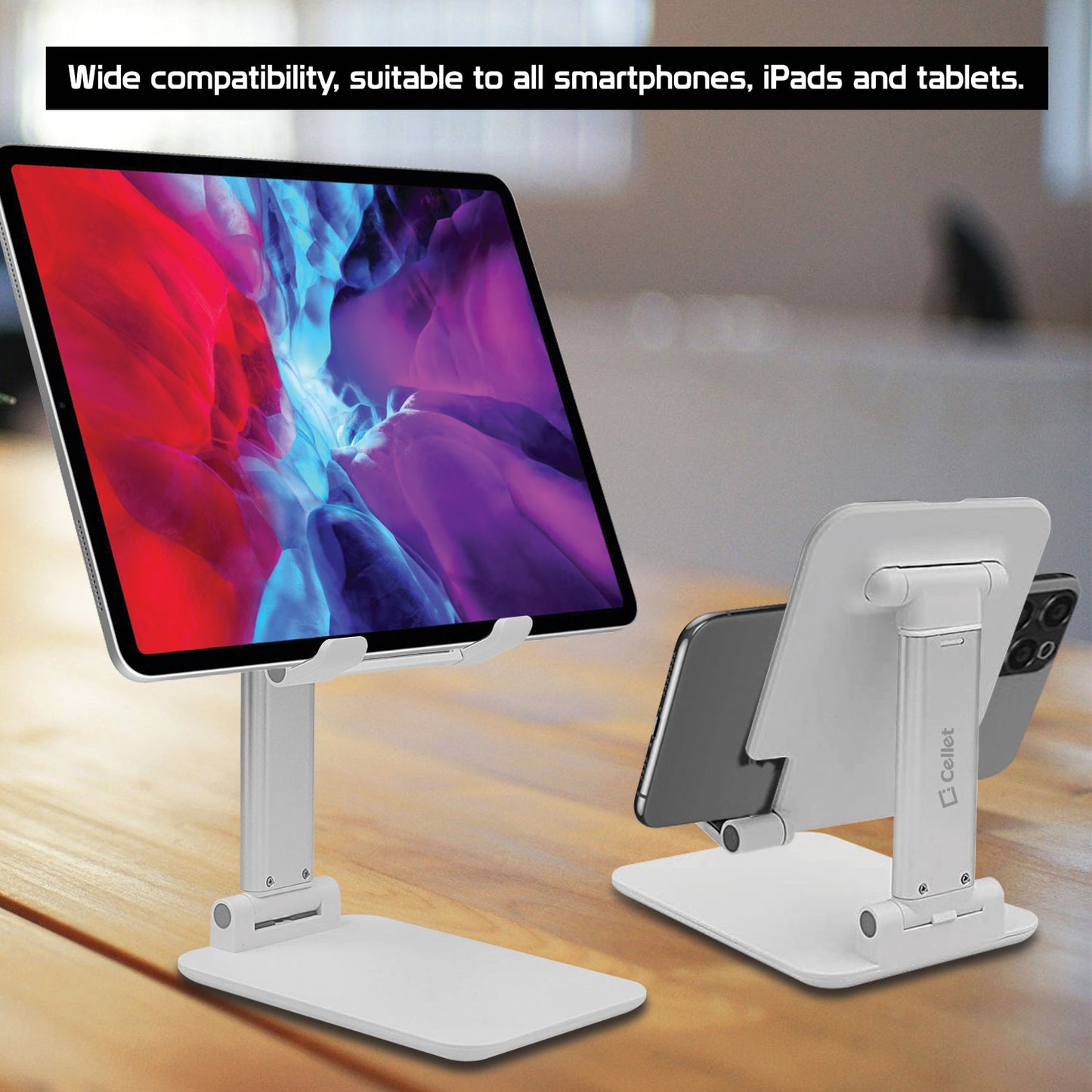 PHTAB60WT - Smartphone & Tablet Desktop Stand, Fold-able Adjustable with Non-Slip Rubberized Grips and Weighted Base -White