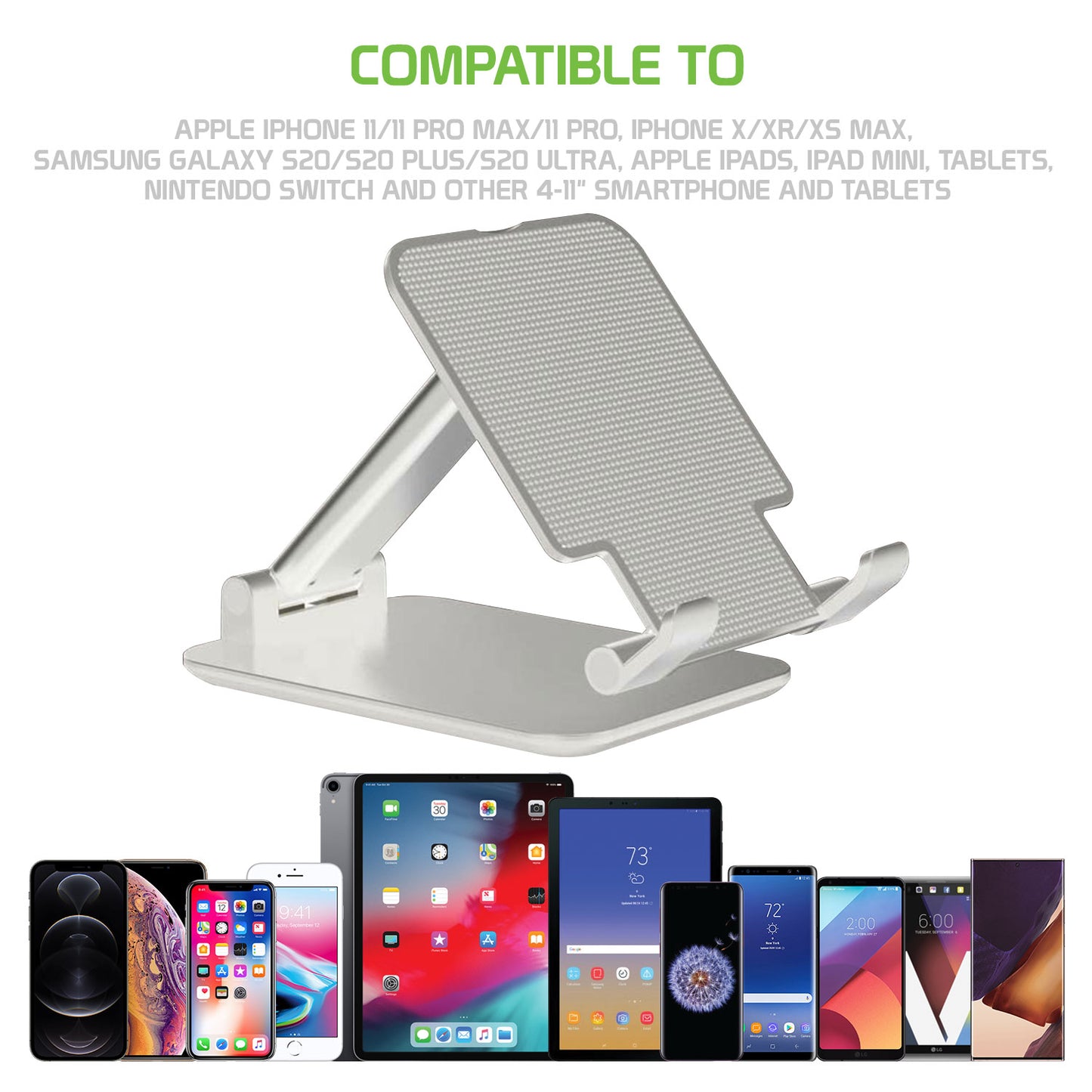 PHTAB60WT - Smartphone & Tablet Desktop Stand, Fold-able Adjustable with Non-Slip Rubberized Grips and Weighted Base -White