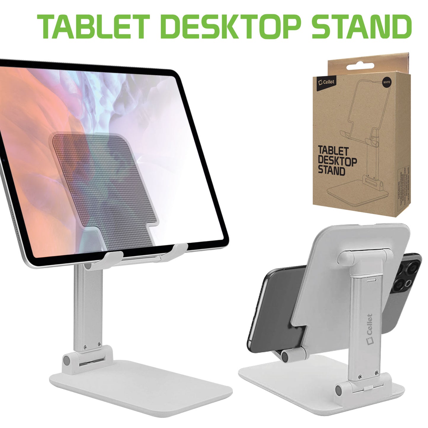 PHTAB60WT - Smartphone & Tablet Desktop Stand, Fold-able Adjustable with Non-Slip Rubberized Grips and Weighted Base -White