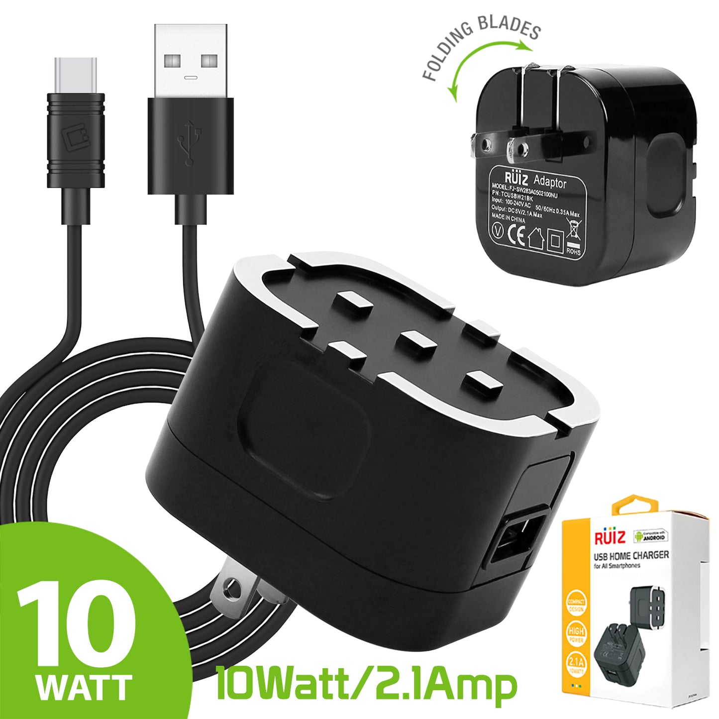 RUIZ by Cellet High Powered 2.1A (10W) USB Home Wall Charger (TYPE-C Cable Included) - Black