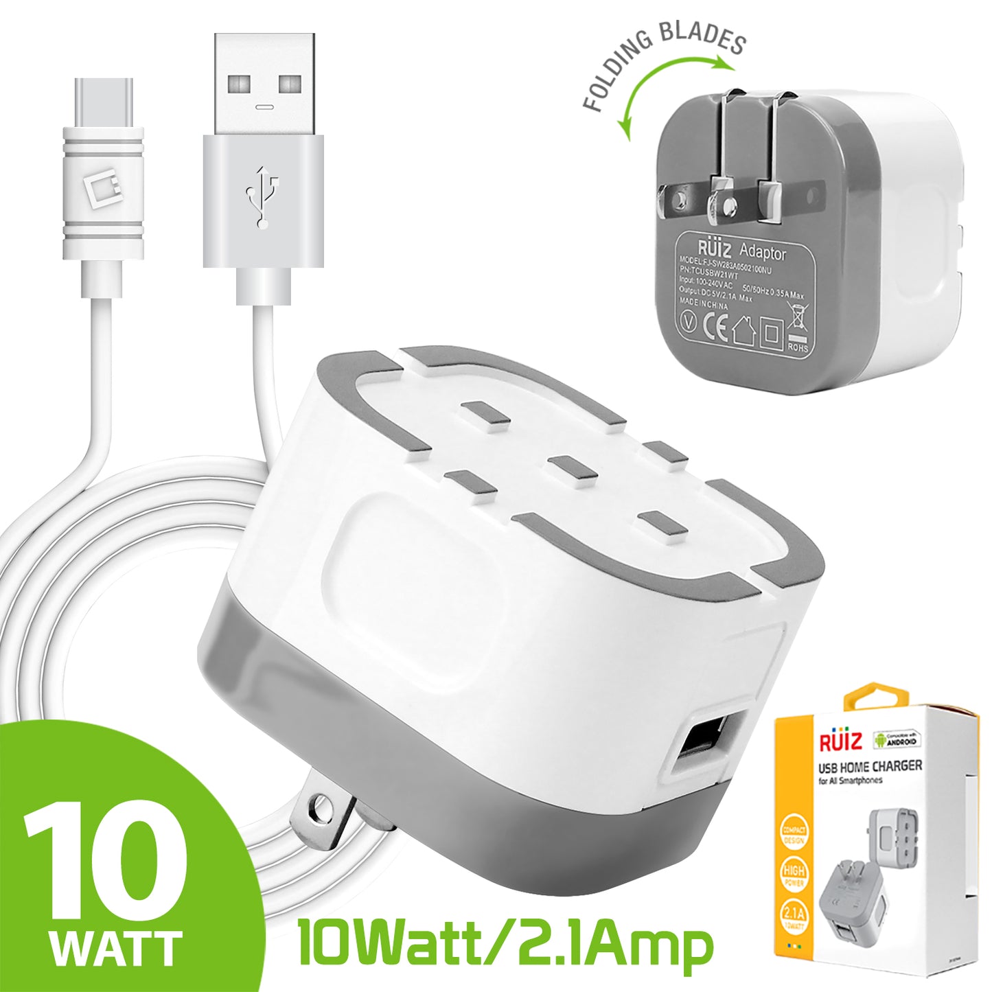 RUIZ by Cellet High Powered 2.1A (10W) USB Home Wall Charger (TYPE-C Cable Included) - White