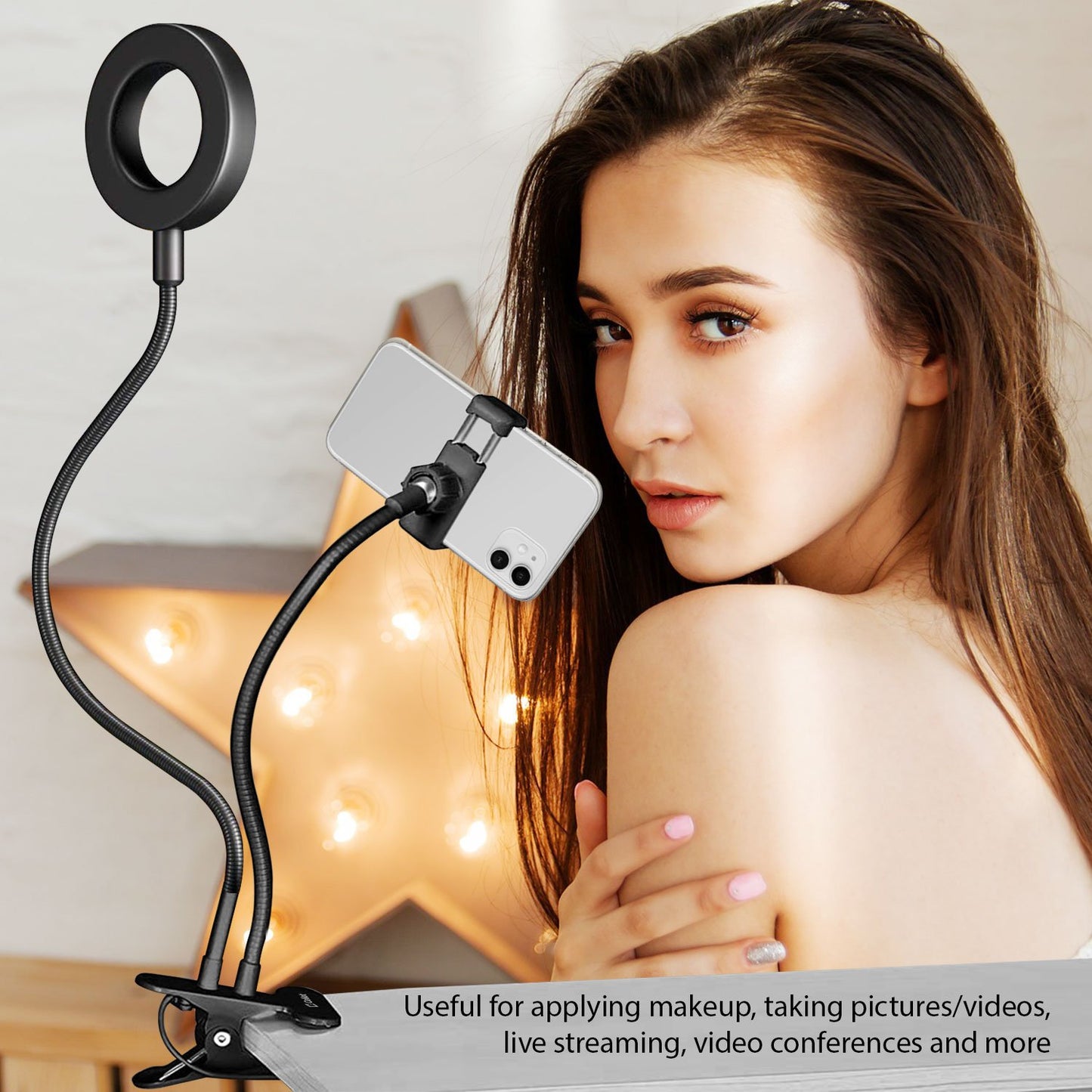 Selfie Ring Light with Phone holder, USB Powered LED Ring Light with 3 Lighting Modes, Adjustable Brightness and Flexible Gooseneck Arms