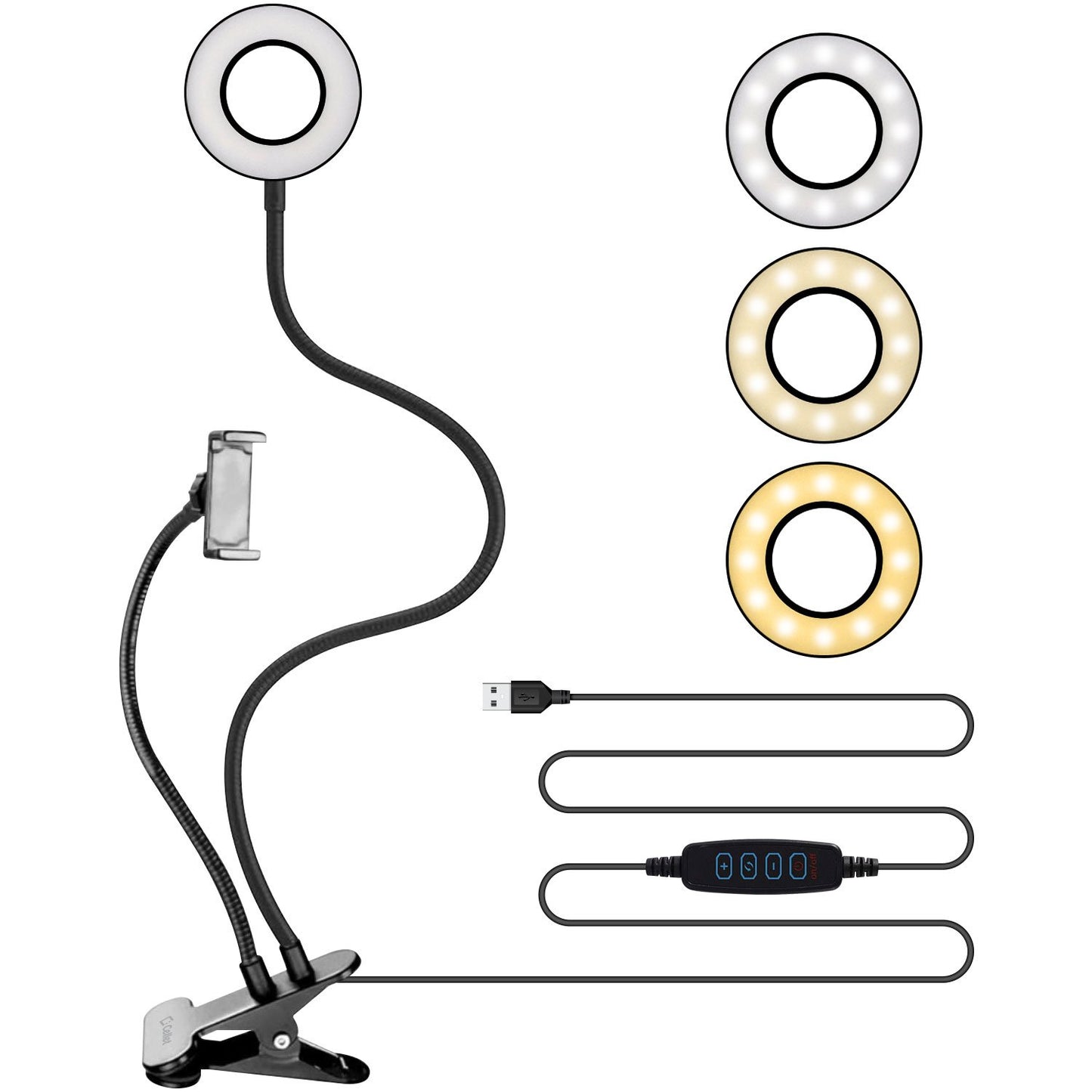 Selfie Ring Light with Phone holder, USB Powered LED Ring Light with 3 Lighting Modes, Adjustable Brightness and Flexible Gooseneck Arms