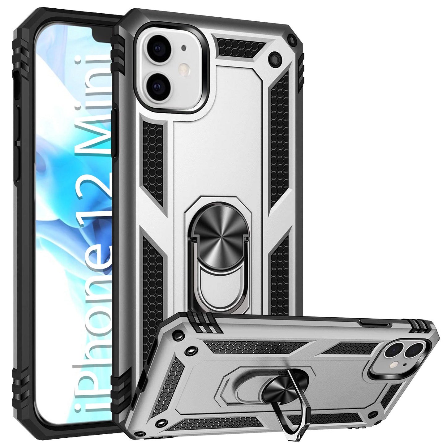 CCIPH12IFSL - iPhone 12 Mini Combo Case, Shockproof Case with Built in Ring, Kickstand and Magnet for Car Mounts Compatible to Apple iPhone 12 Mini