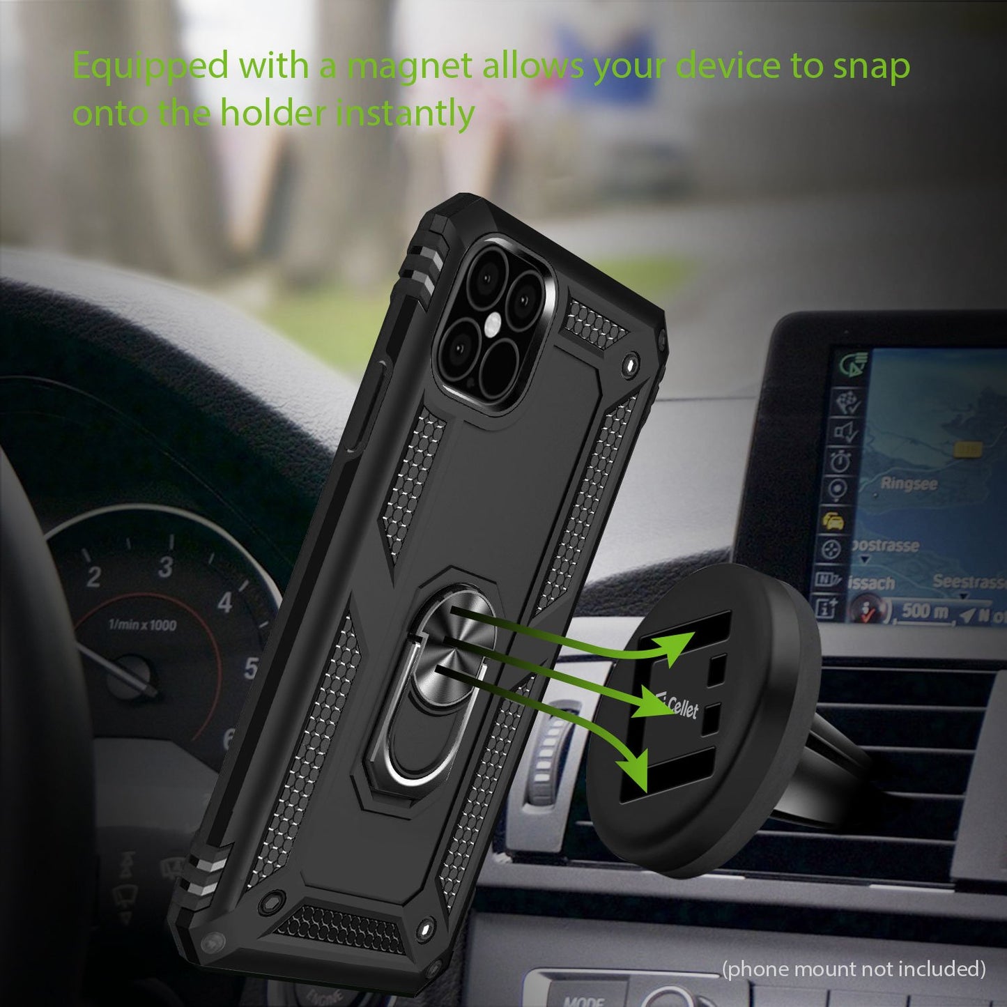 CCIPH12PIFBK - Shockproof Case with Built in Ring, Kickstand and Magnet for Car Mounts Compatible to Apple iPhone 12 / 12 Pro