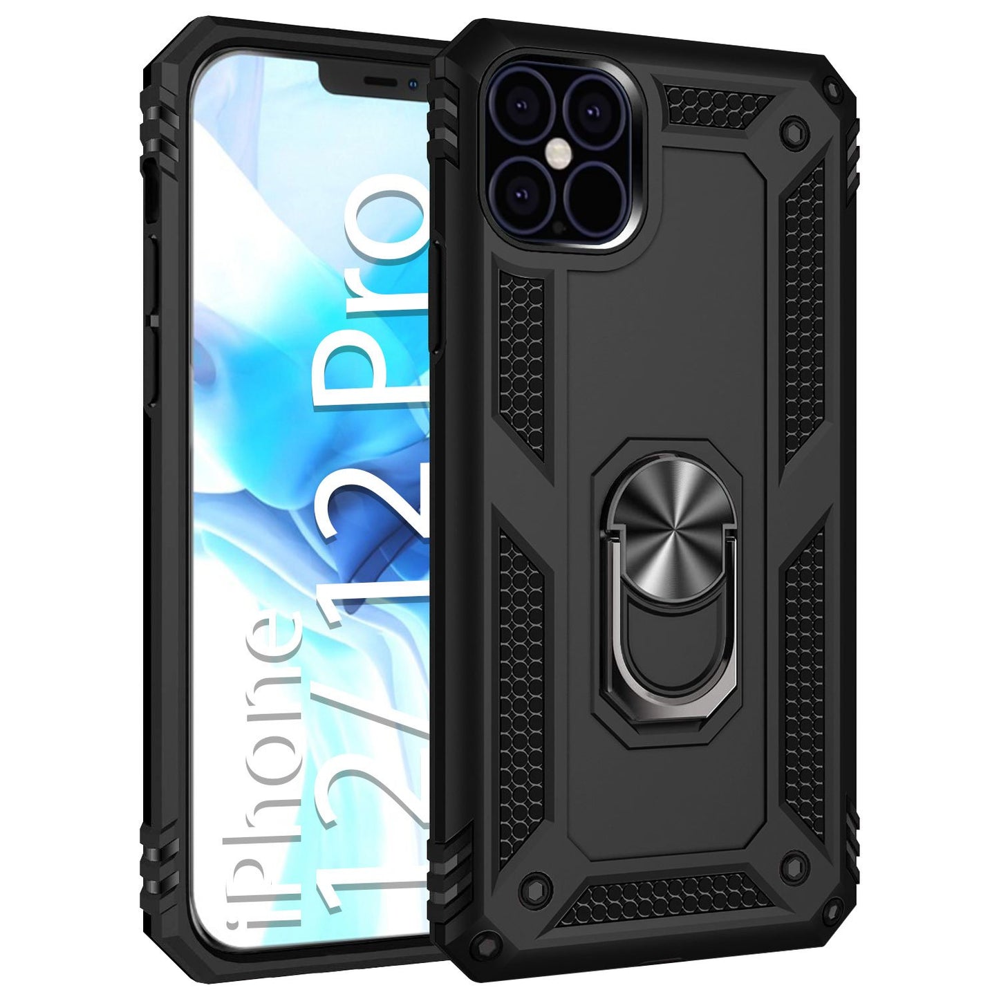 CCIPH12PIFBK - Shockproof Case with Built in Ring, Kickstand and Magnet for Car Mounts Compatible to Apple iPhone 12 / 12 Pro