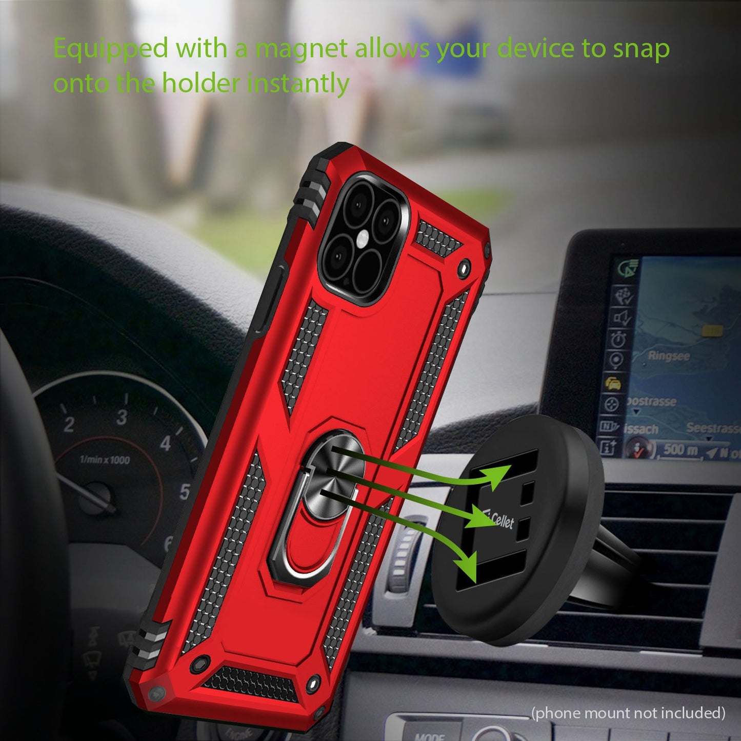 CCIPH12PIFRD - Shockproof Case with Built in Ring, Kickstand and Magnet for Car Mounts Compatible to Apple iPhone 12 / 12 Pro