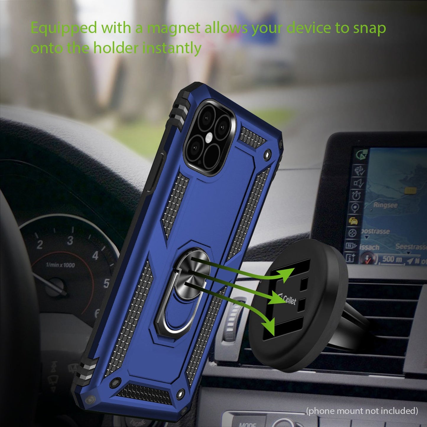 CCIPH12PIFBL - Shockproof Case with Built in Ring, Kickstand and Magnet for Car Mounts Compatible to Apple iPhone 12 / 12 Pro