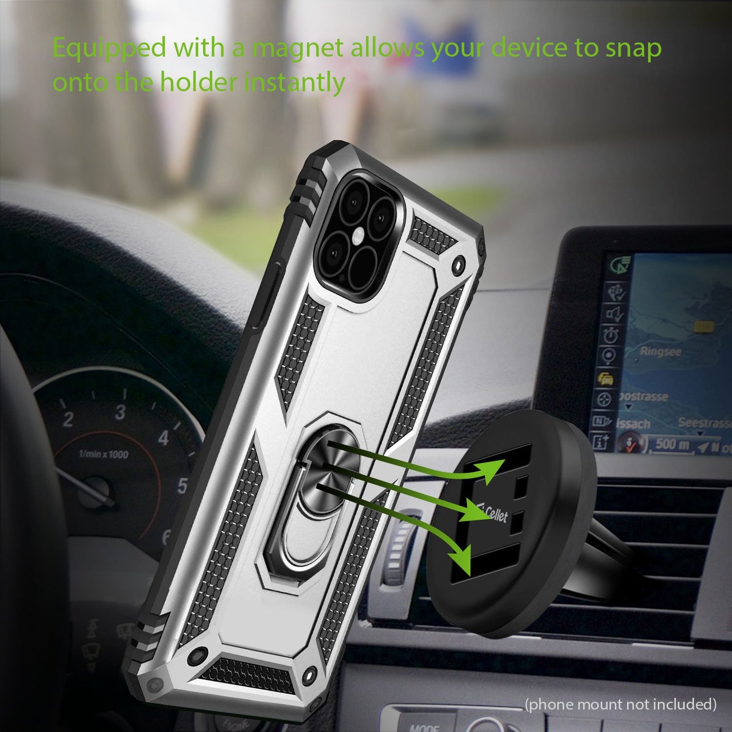 CCIPH12IFSL - iPhone 12 Mini Combo Case, Shockproof Case with Built in Ring, Kickstand and Magnet for Car Mounts Compatible to Apple iPhone 12 Mini