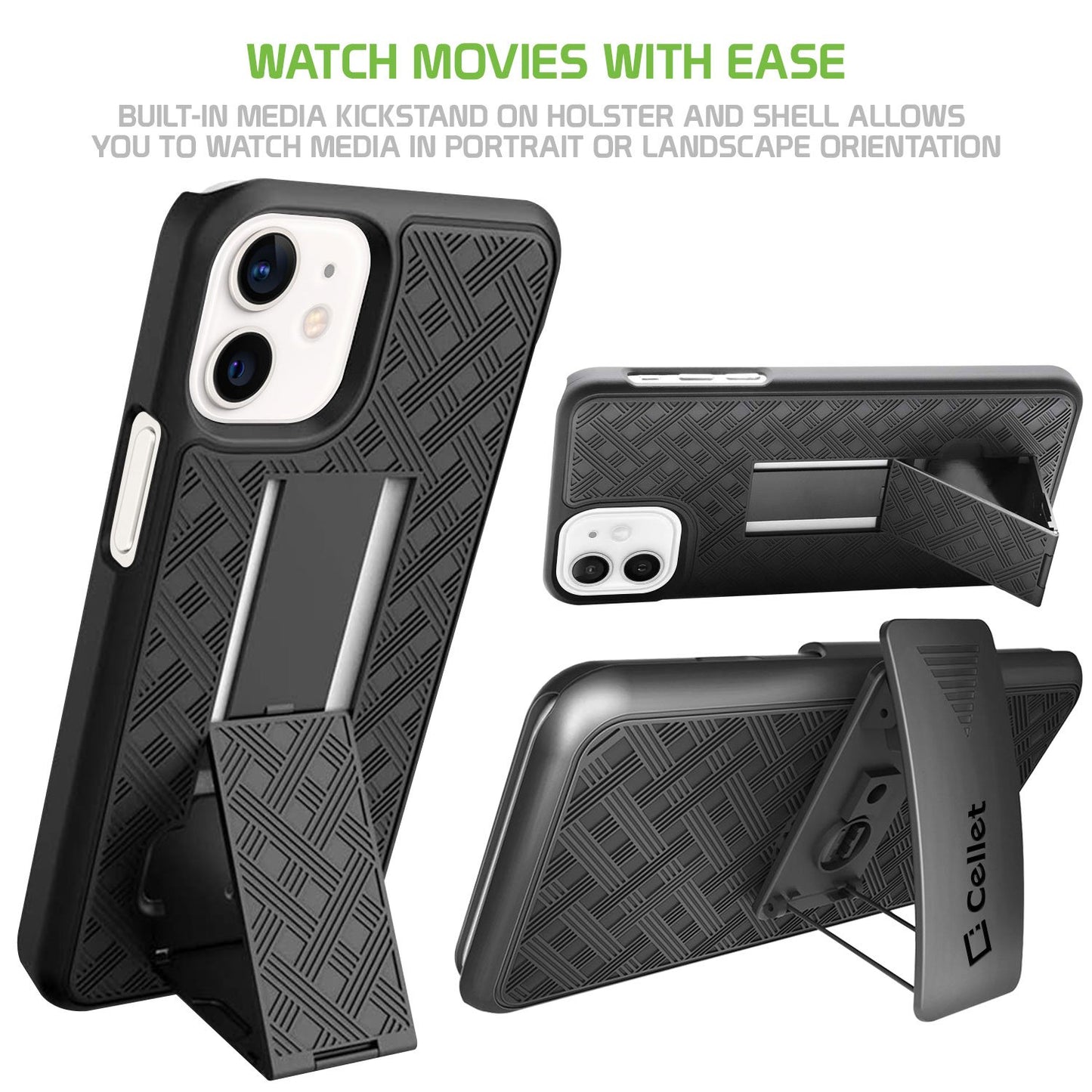 HLIPH12MINI - iPhone 12 Holster mini Holster Case, Shell Holster Kickstand Case with Spring Belt Clip for Apple iPhone 12 Mini – Black – by Cellet