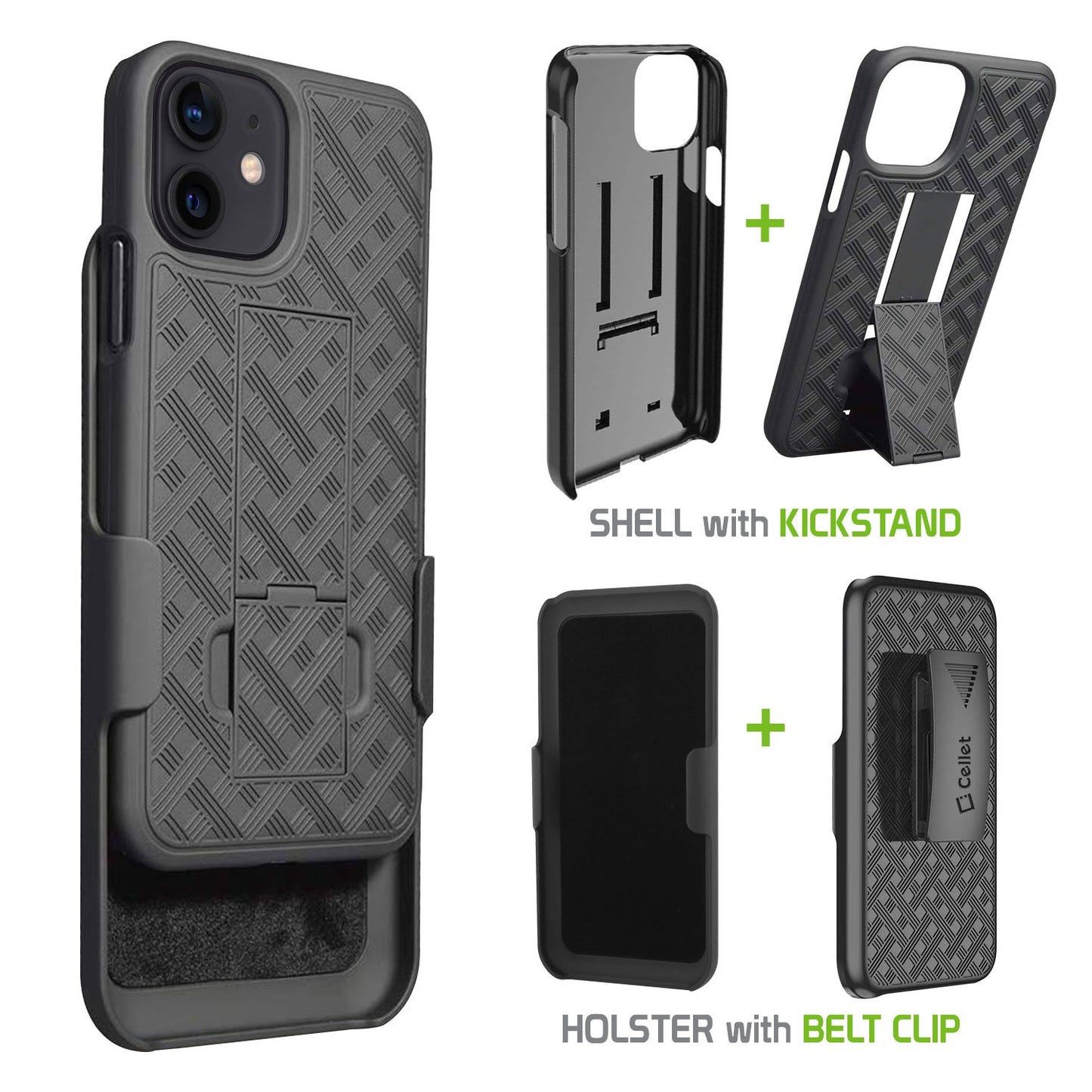 HLIPH12P - iPhone 12 and 12 Pro Holster Case, Shell Holster Kickstand Case with Spring Belt Clip for Apple iPhone 12 and 12 Pro – Black – by Cellet