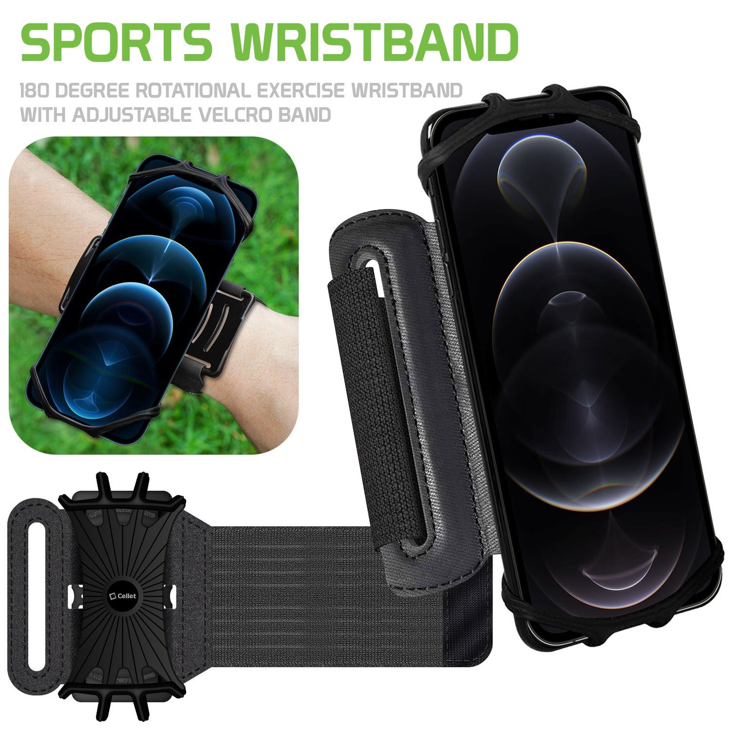 NEOARM490 - Sports Wristband Smartphone holder, 180 Degree Rotational, ,Adjustable Velcro Band, Fits 4 to 6 inch Phones - Black