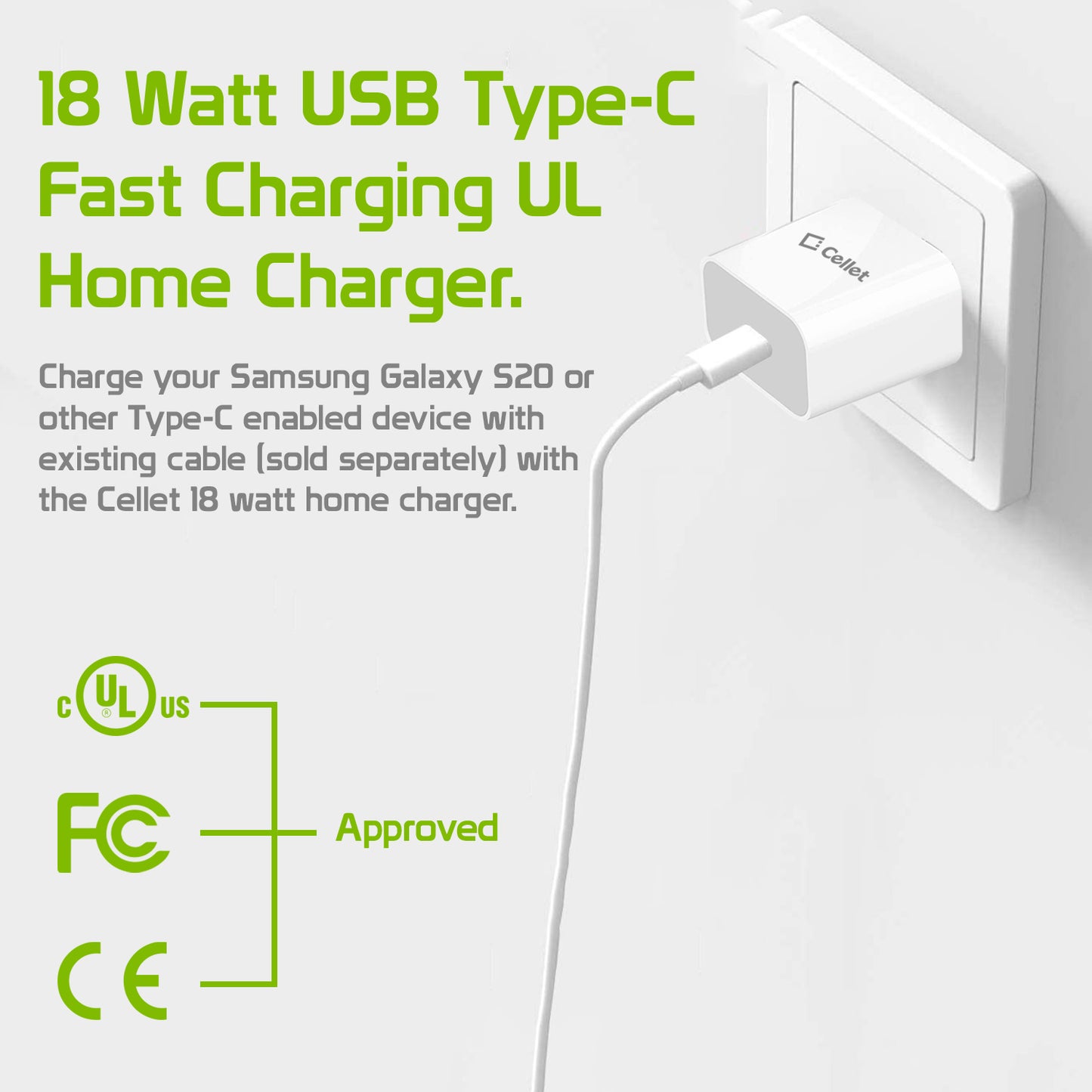 TCC18WWT - USB-C Home Charger, 18 Watt Type-C UL Certified Home Charger (Cable Sold Separately) Compatible to Samsung Galaxy Phone Tablets – White
