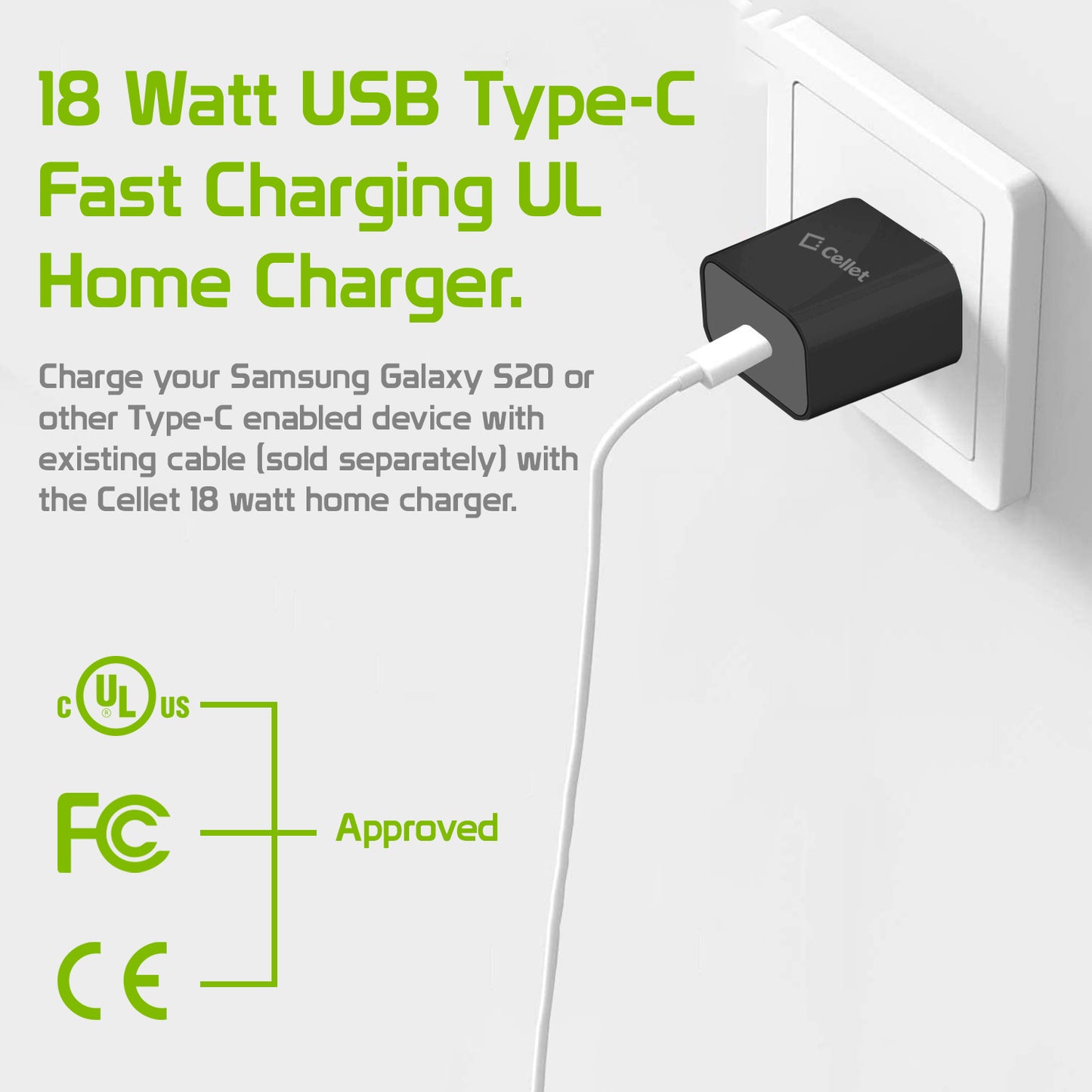 USB-C Home Charger, 18 Watt Type-C UL Certified (Cable Sold Separately) Compatible to Samsung Galaxy S21, S21 Plus, S21 Ultra, Tablets – Black