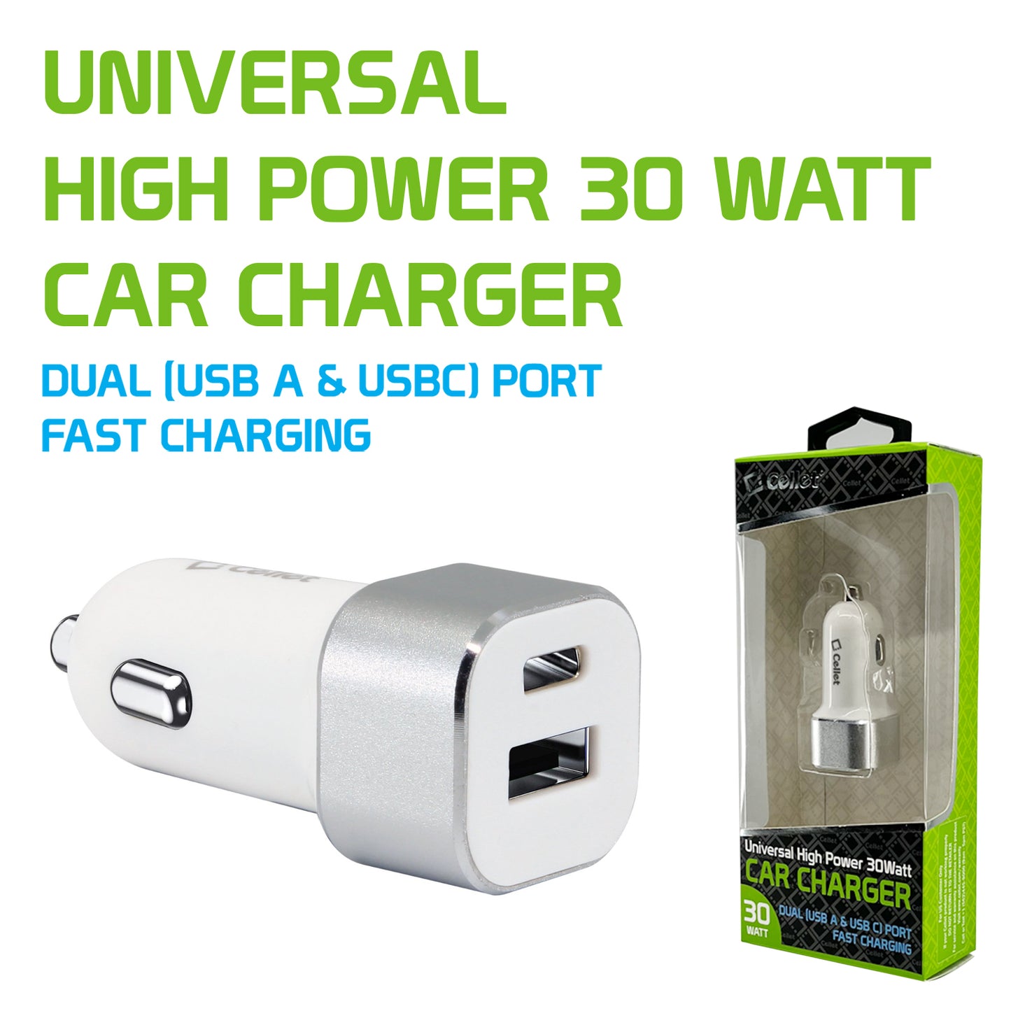 PC30WWT -  Dual USB Car Charger, Universal High Power 30 Watt Dual (USB A & USB C) Port Car Charger by Cellet - White