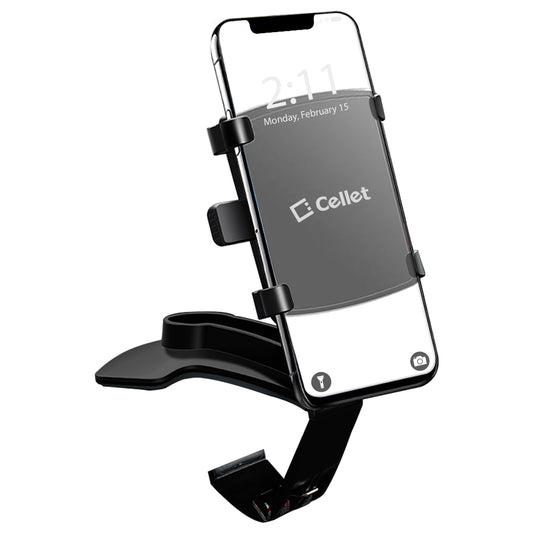 PHD280 - Dashboard, Sun Visor & Rear View Mirror Clip Mount with Heavy Duty Spring Base, 360° Cradle Rotation Compatible to iPhone 13 Pro Max and More