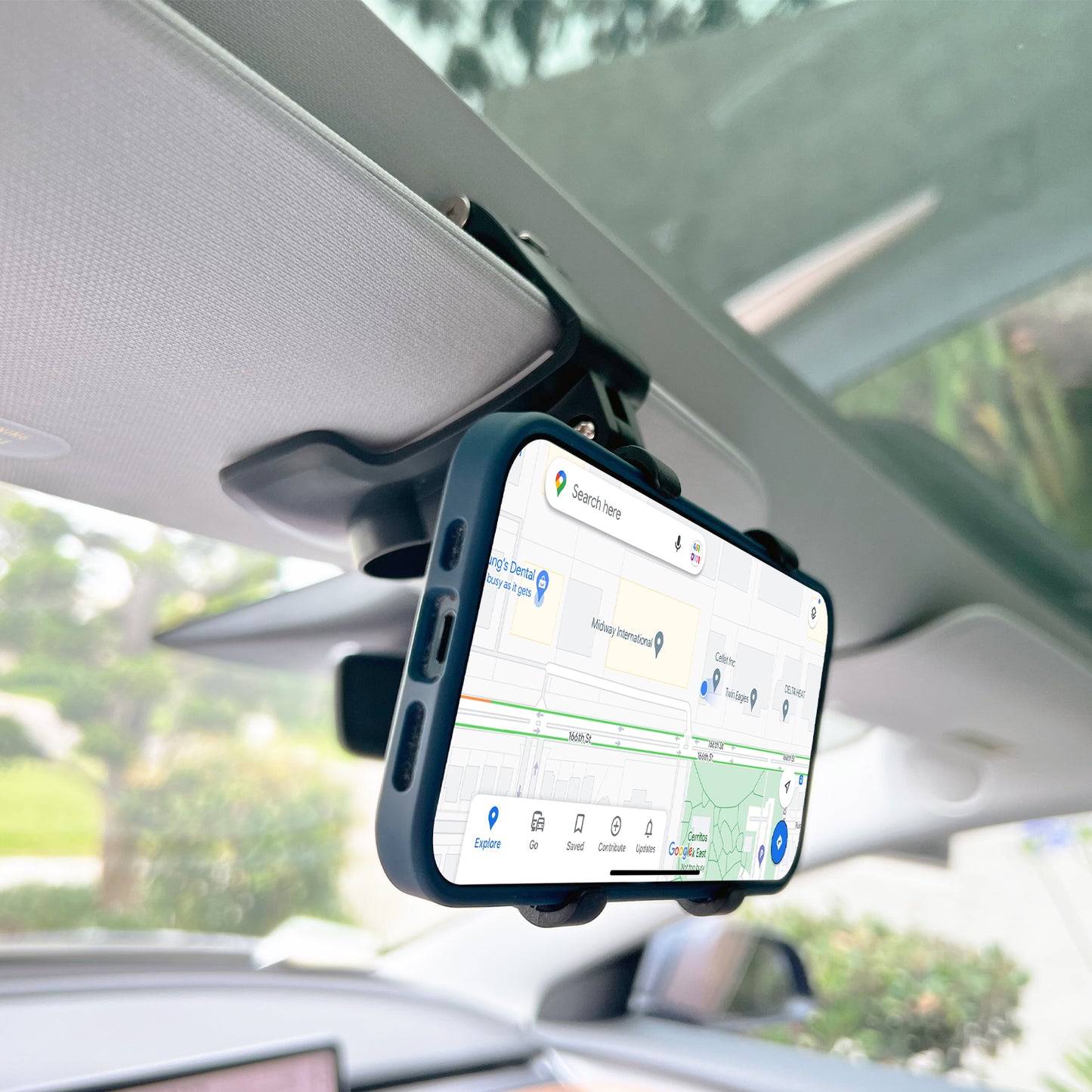 PHD280 - Dashboard, Sun Visor & Rear View Mirror Clip Mount with Heavy Duty Spring Base, 360° Cradle Rotation Compatible to iPhone 13 Pro Max and More