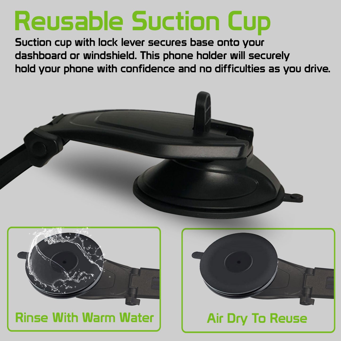 PHC82 - Universal Suction Cup Dashboard Phone Holder with 360 Degree Rotation, One Touch Arm release Button & Lock Lever for Smartphones