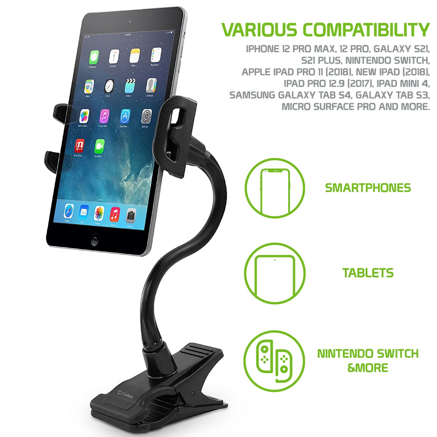 PH500 - Tablet Smartphone Clip Holder, iPad & Smartphone Desktop Clip Vise Mount with Gooseneck Compatible to iPhone 14 13 Pro Max iPad Pro, Air Mini