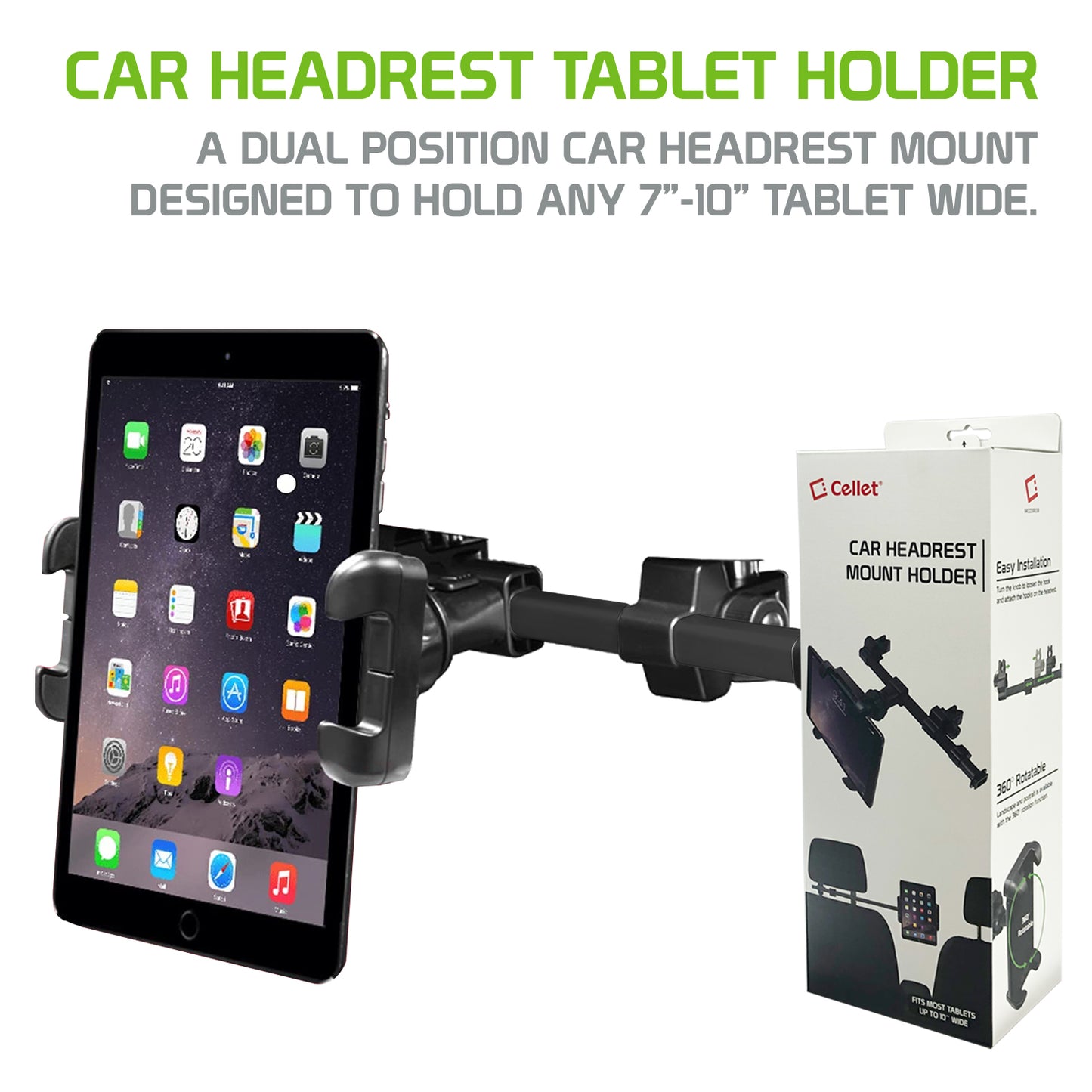 PH360 - Headrest Tablet/Smartphone iPad iPhone Holder, Mount Holder with Extendable Telescopic Arm for Apple iPad, iPhones (fits up to 10”) - Black