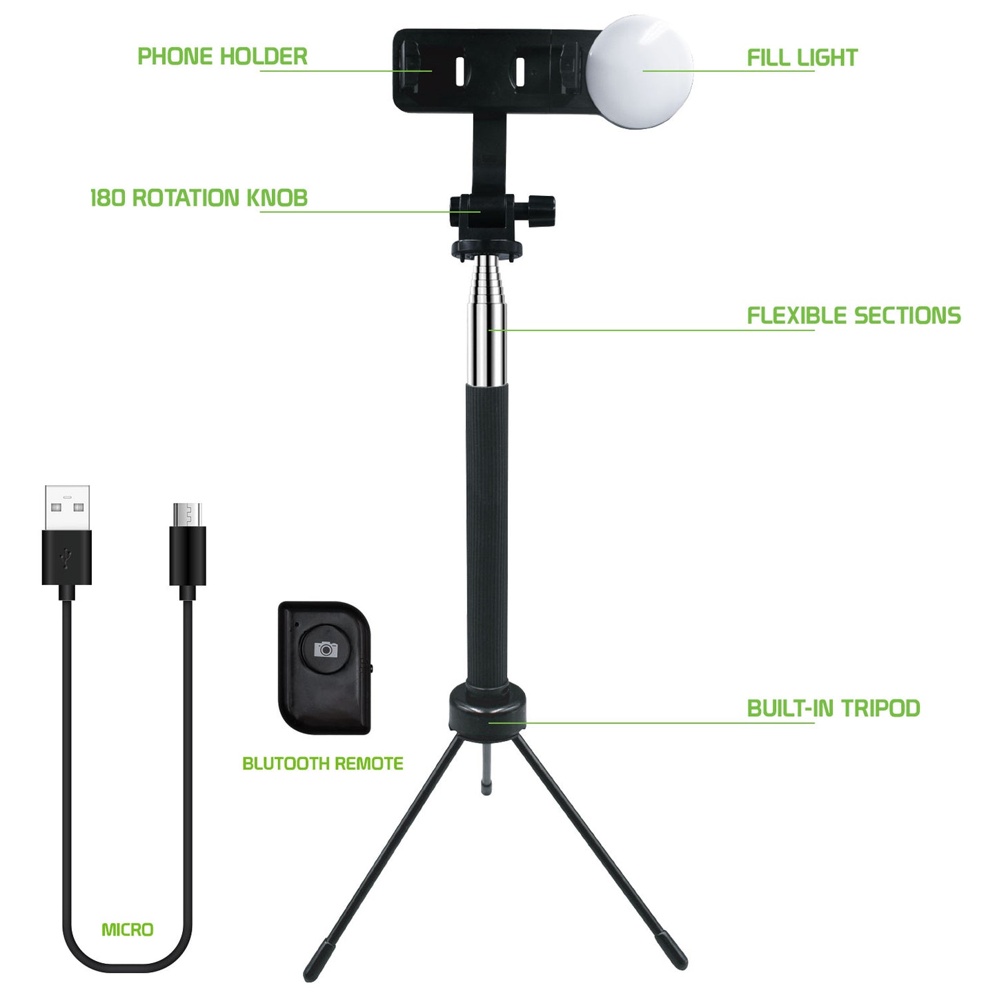 Selfie Stick with Attachable Tripod Base, 3 Adjustable Lighting Modes for Live Streams, Videos and Photos Compatible to iPhones and Androids