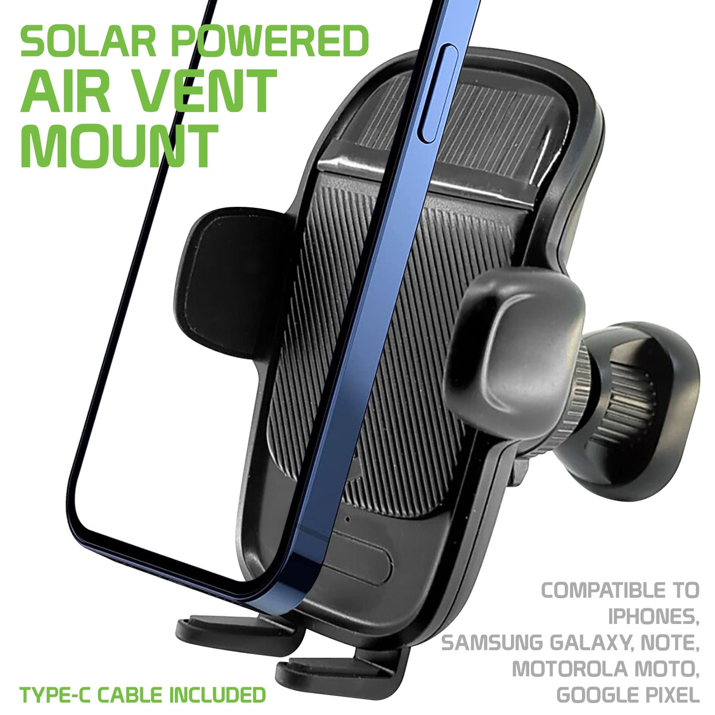 Solar Powered Air Vent Mount With 360 Degree Rotation, Auto touch Release and Lock Cradle (Type-C cable Included) Compatible to iPhones Samsung Galaxy, Note, Motorola Moto, Google Pixel