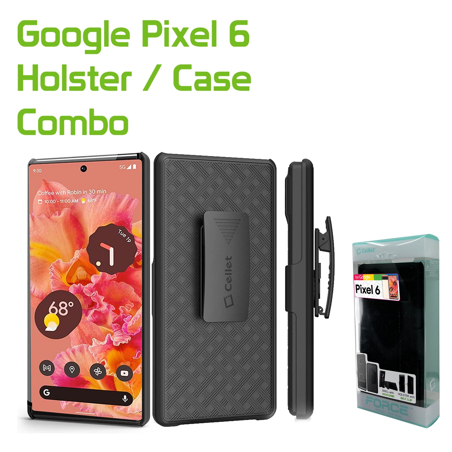 Pixel 6 Holster, Shell Holster Kickstand Case with Spring Belt Clip for Google Pixel 6 – Black – by Cellet