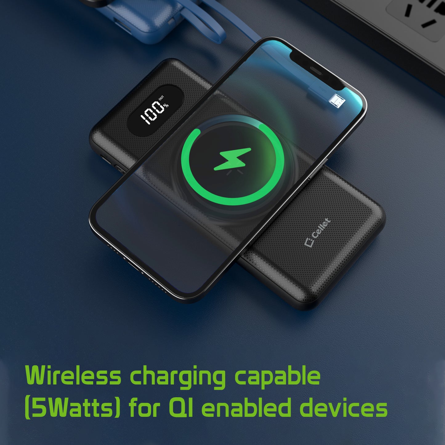 QIMS1000 - Wireless QI Portable Power Bank Charger, Wireless Charging Pad, Digital Display and Built in Lightning, USB-C and Micro USB Cable 10000mAh