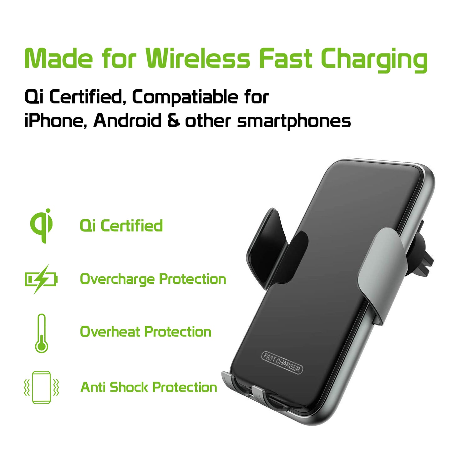 QIV8GY- Fast Wireless Charging 15 Watt Phone Holder Mount with Auto touch Release and Lock Cradle and 360 Degree Rotation for iPhones