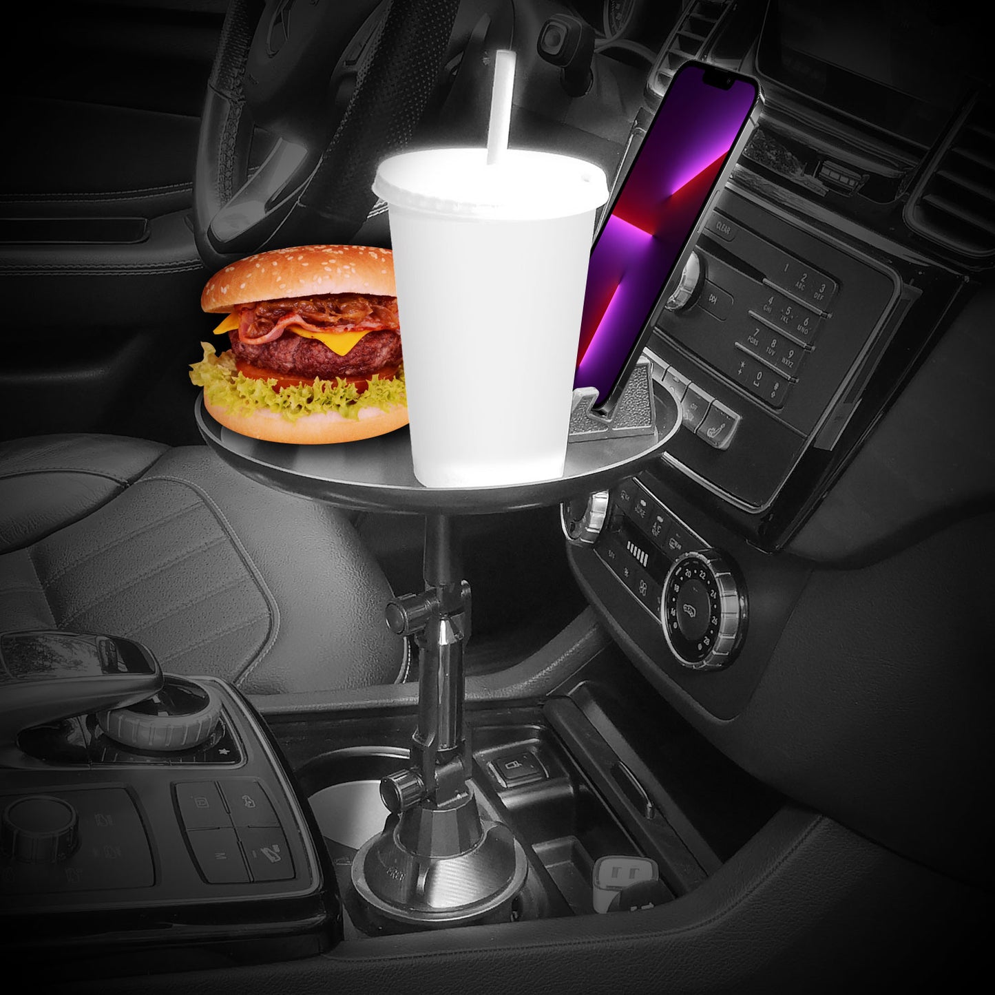 PHSK119 - Food Tray for Car Cup Holder with Phone Mount, 360 Degree Rotation and Non-Slip Matt for Cars, Boats, Golf Carts and More