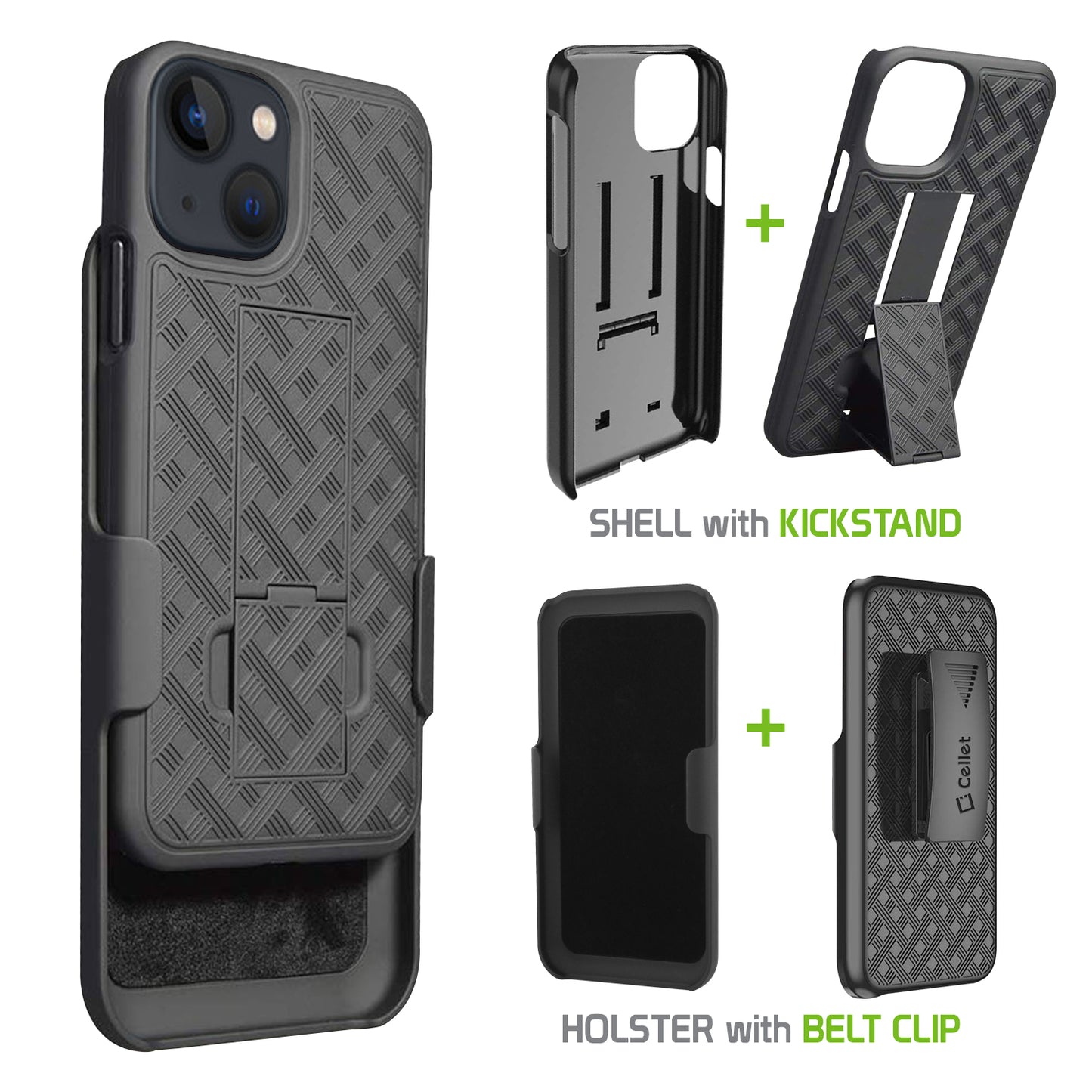 HLIPH13MINI-iPhone 13 mini Holster, Shell Holster Kickstand Case with Spring Belt Clip for Apple iPhone 13 mini – Black – by Cellet