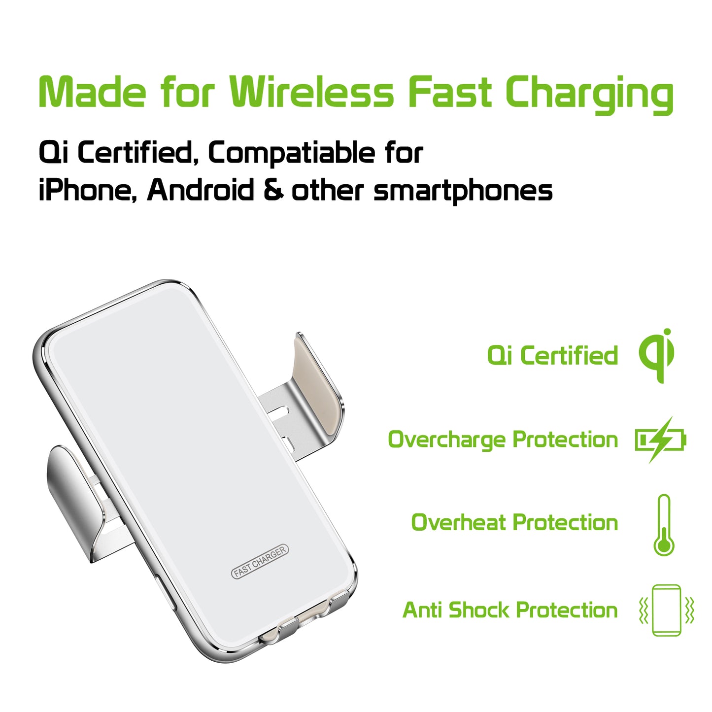 QIV8SL-QIV8GY- Fast Wireless Charging 15 Watt Phone Holder Mount with Auto touch Release and Lock Cradle and 360 Degree Rotation for iPhones