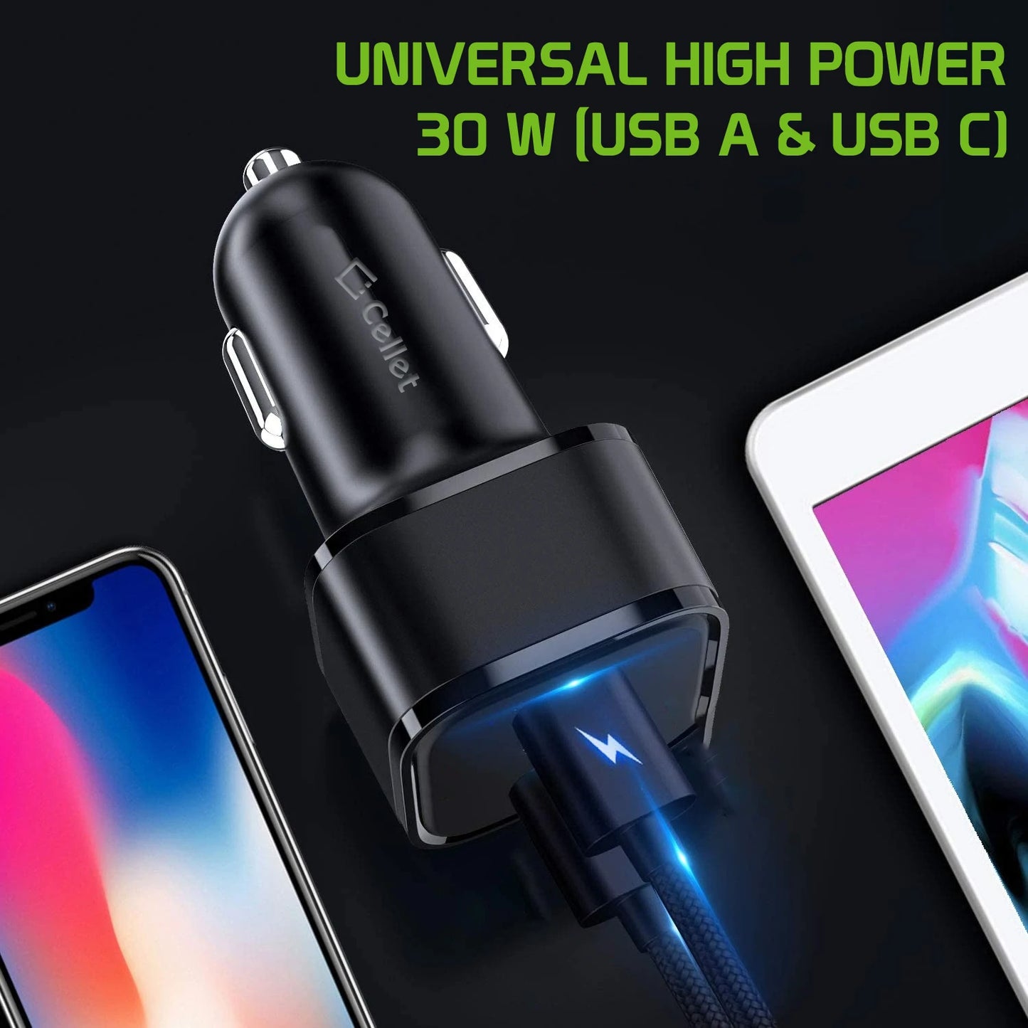 PC30WCBK - Universal High Power 30 Watt Dual (USB A & USB C) Port Car Charger with Type C Cable Included for Phone 13 Pro, 13 Pro Max