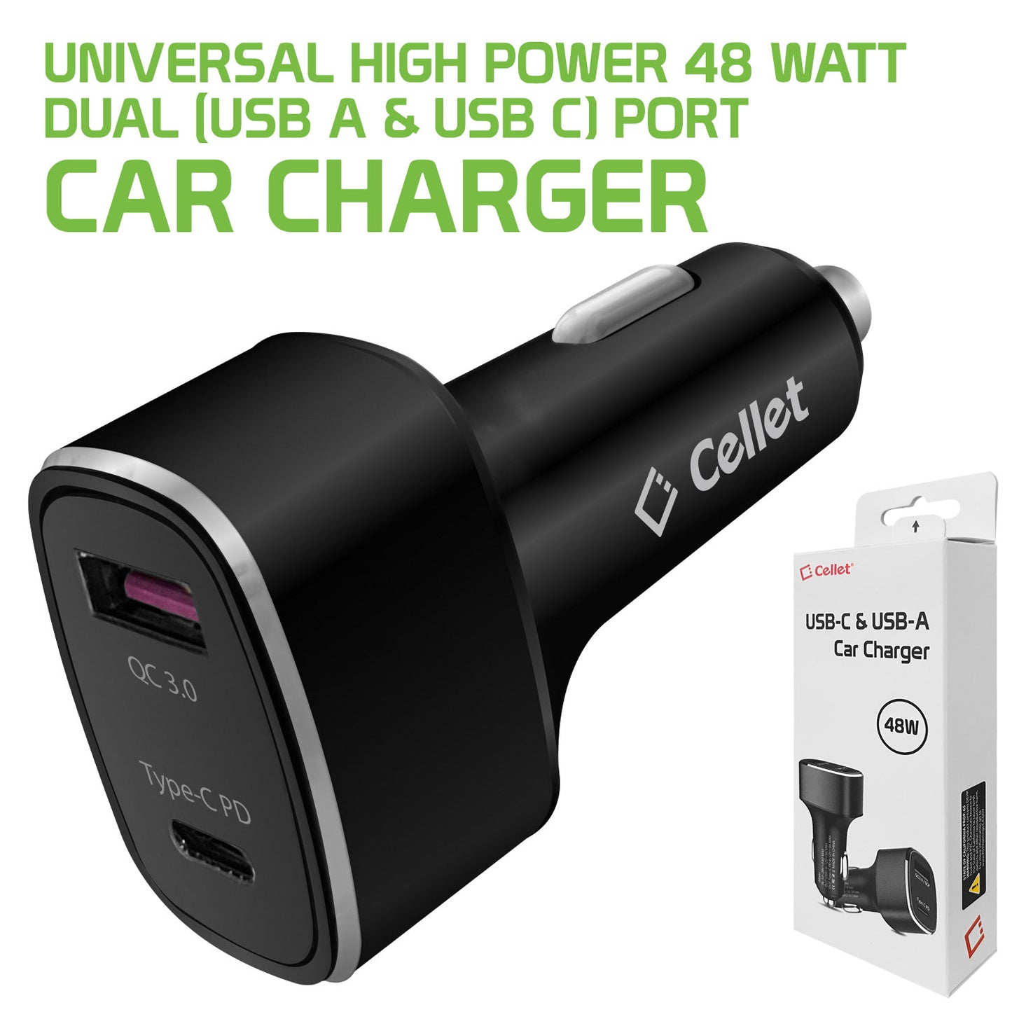 USB Car Charger, Universal 48 Watt Dual (USB A & USB C) Port Car Charger by Cellet - Black