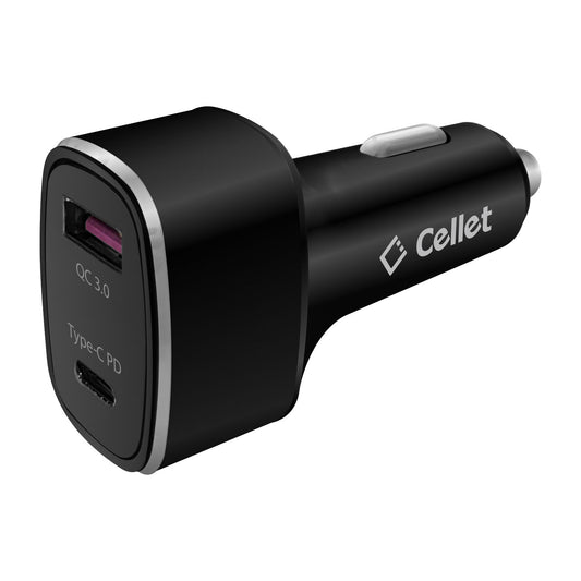 USB Car Charger, Universal 48 Watt Dual (USB A & USB C) Port Car Charger by Cellet - Black