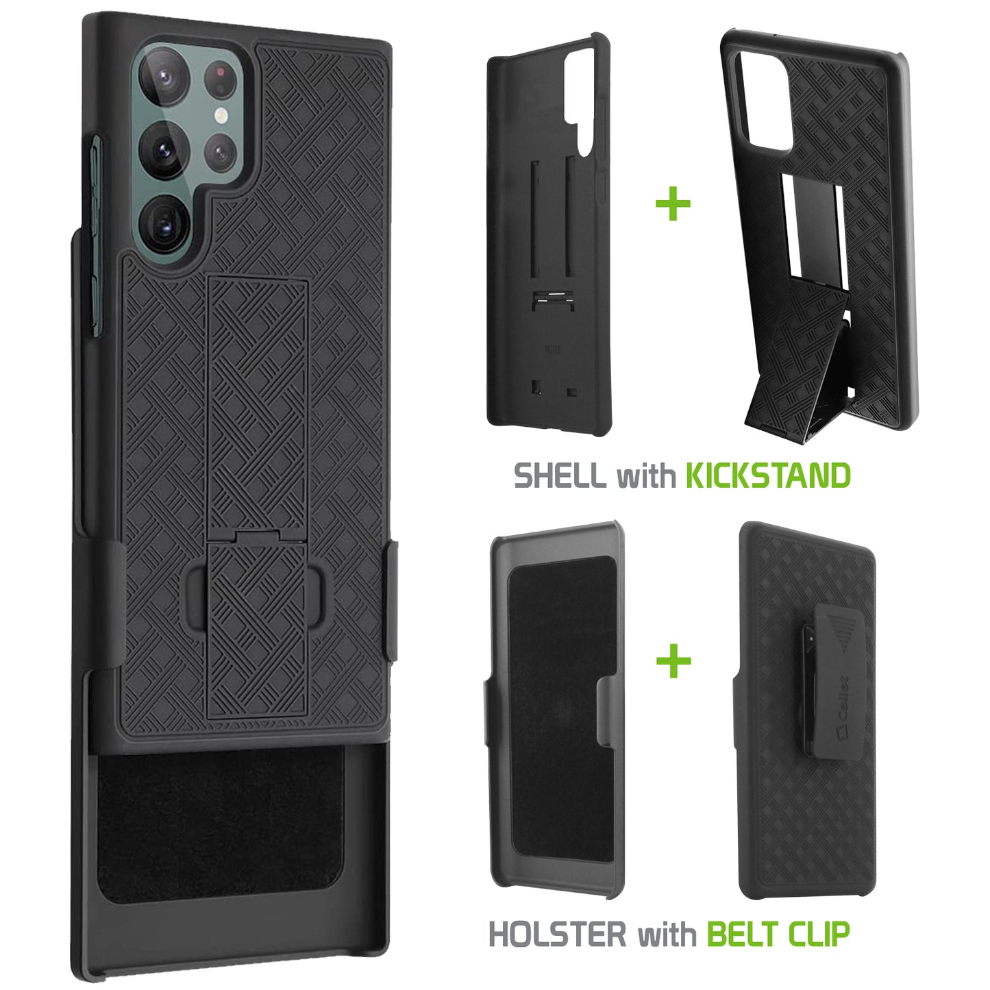 HLSAMS22U - Cellet Galaxy S22 Ultra Holster Case, Heavy Duty Holster Phone Case with Built-in Kick-Stand and Spring Belt Clip
