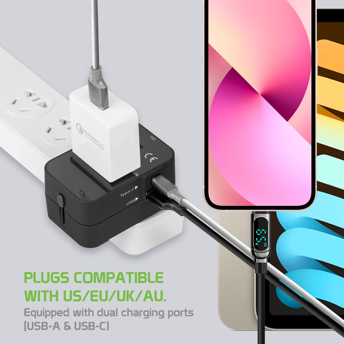 Portable Worldwide Universal Power Adapter Converter All in One International Travel Wall Charger Plug for Wall Plug Input in USA EU UK France Italy Australia India Outlets (With USB-A and USB-C)