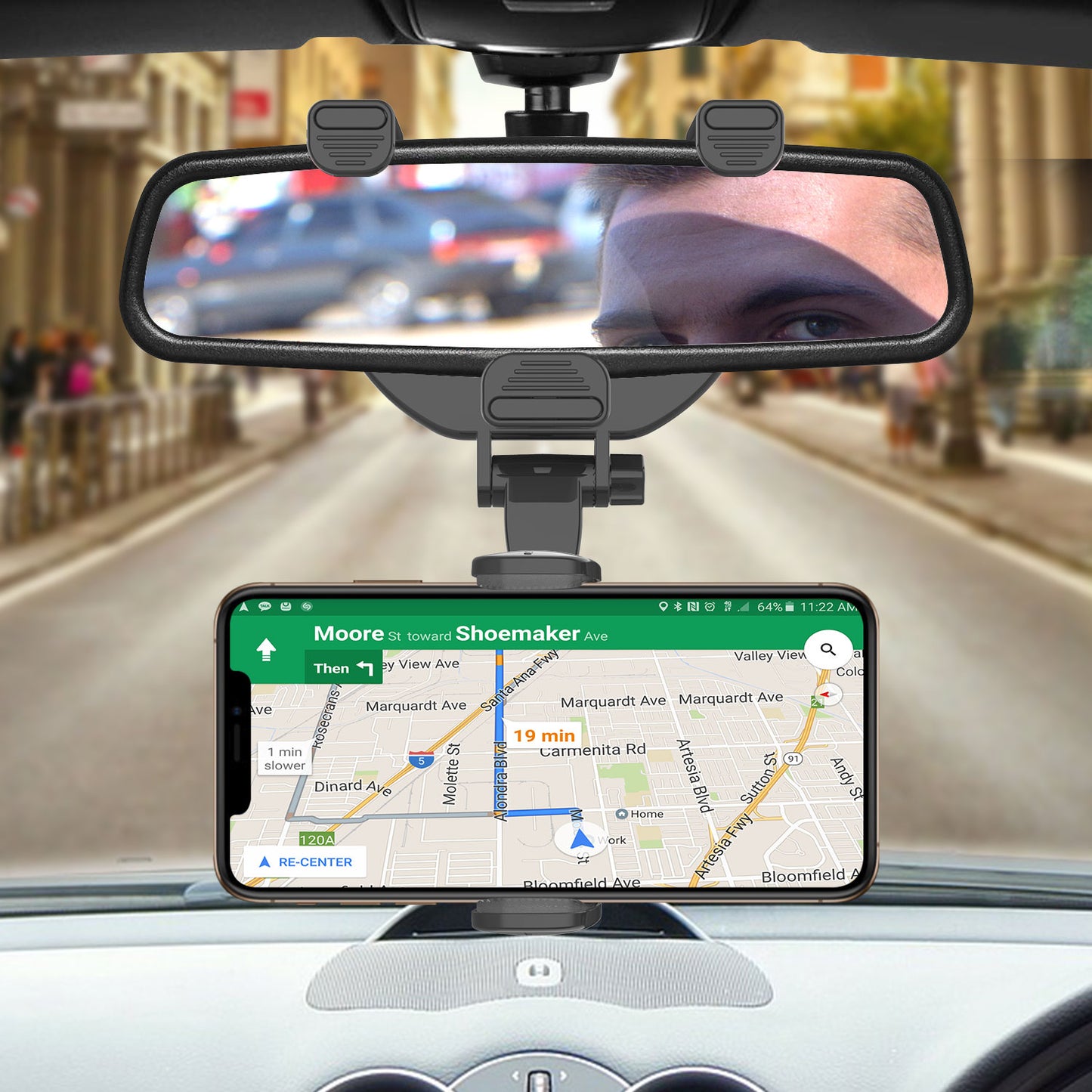 Car Rear-view Mirror Mount Phone Holder, 360 Degree Rotating, Adjustable Brackets Compatible for iPhones Galaxy Z Fold, Z Flip, Google Pixel, Moto